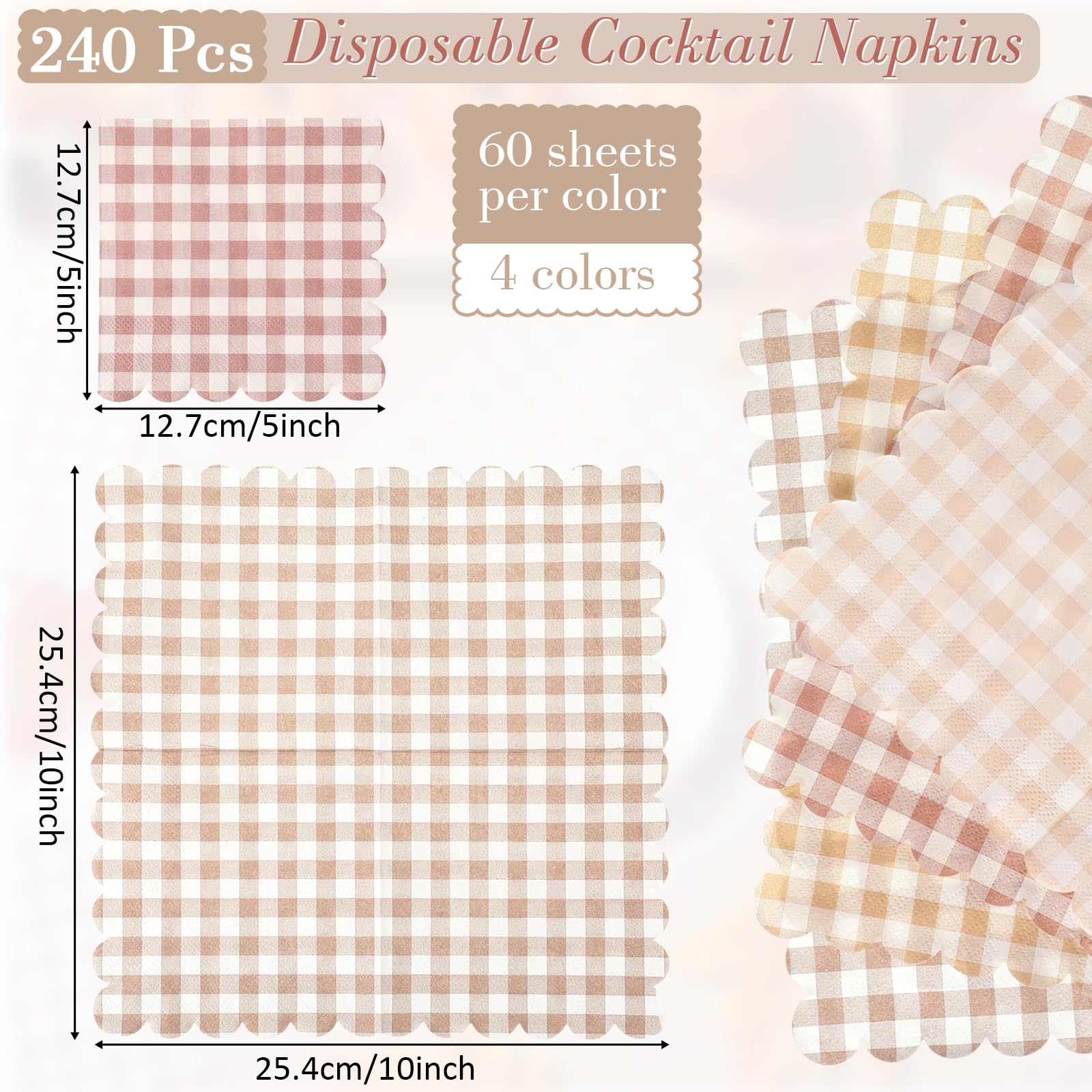 240 servilletas de cóctel festoneadas a granel de 5 x 5 pulgadas, servilletas de papel a cuadros desechables de color degradado, servilletas decorativas para bodas, cumpleaños, novia,