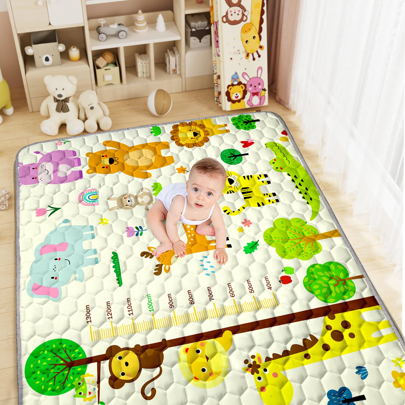 Aolso Tappeto Gioco Bambini,150x180cm Tappeto Neonato,Tappetone Neonato Pieghevole Morbido & Spessa,Perfetto per Bambini 1 2 3 Anni-Righello Animale