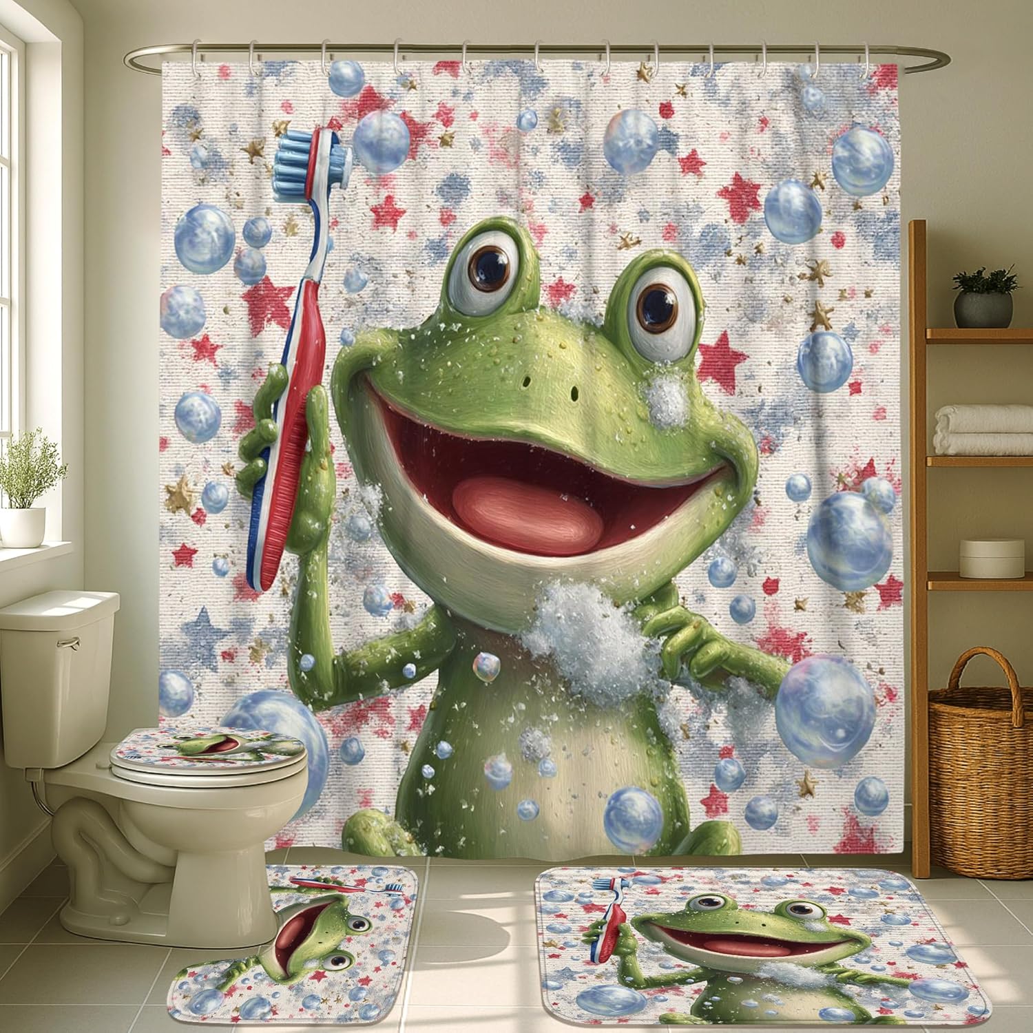 Frog Cartoon Shower Curtain, Playful Green Bubbles Bathroom Decor for Kids, Fun Whimsical Animal Waterproof Fabric Bath Curtain Set with Hooks 72"x72"