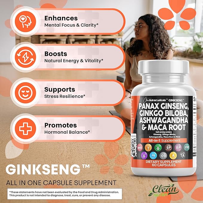 Clean Nutraceuticals Panax Ginseng Ginkgo Biloba Ashwagandha Maca Root - Focus Supplement Pills for Women and Men with Pine Bark Extract, Garlic, and Saw Palmetto - 60 Caps