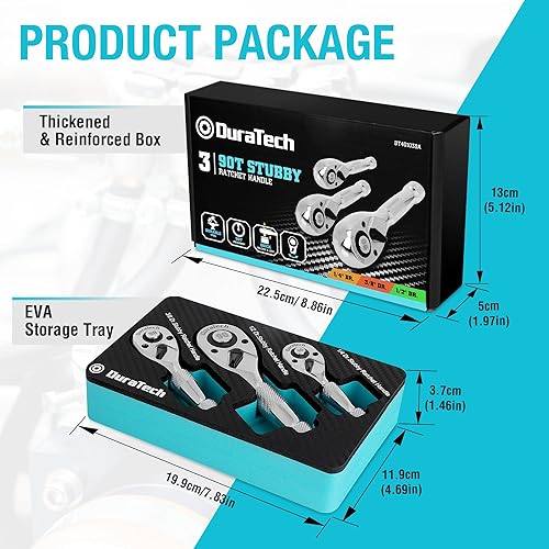 Miniatura 6 de DURATECH Juego de 3 llaves de trinquete rechonchas, 90 dientes 14 pulgadas 38 pulgadas 12 pulgadas, mini trinquete pequeño con cabeza CR-MO, diseño