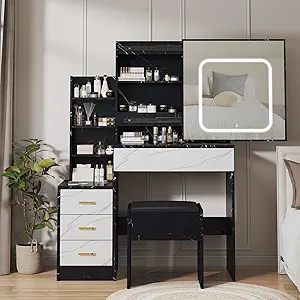 Vanity Desk with Sliding Mirror and Lights, Makeup Vanity Set with 4 Drawers, Stool, Power Outlet, Open Shelves, 3 Color Adjustable Light Modes, Makeup Dressing Table for Bedroom, Marble-Black & White