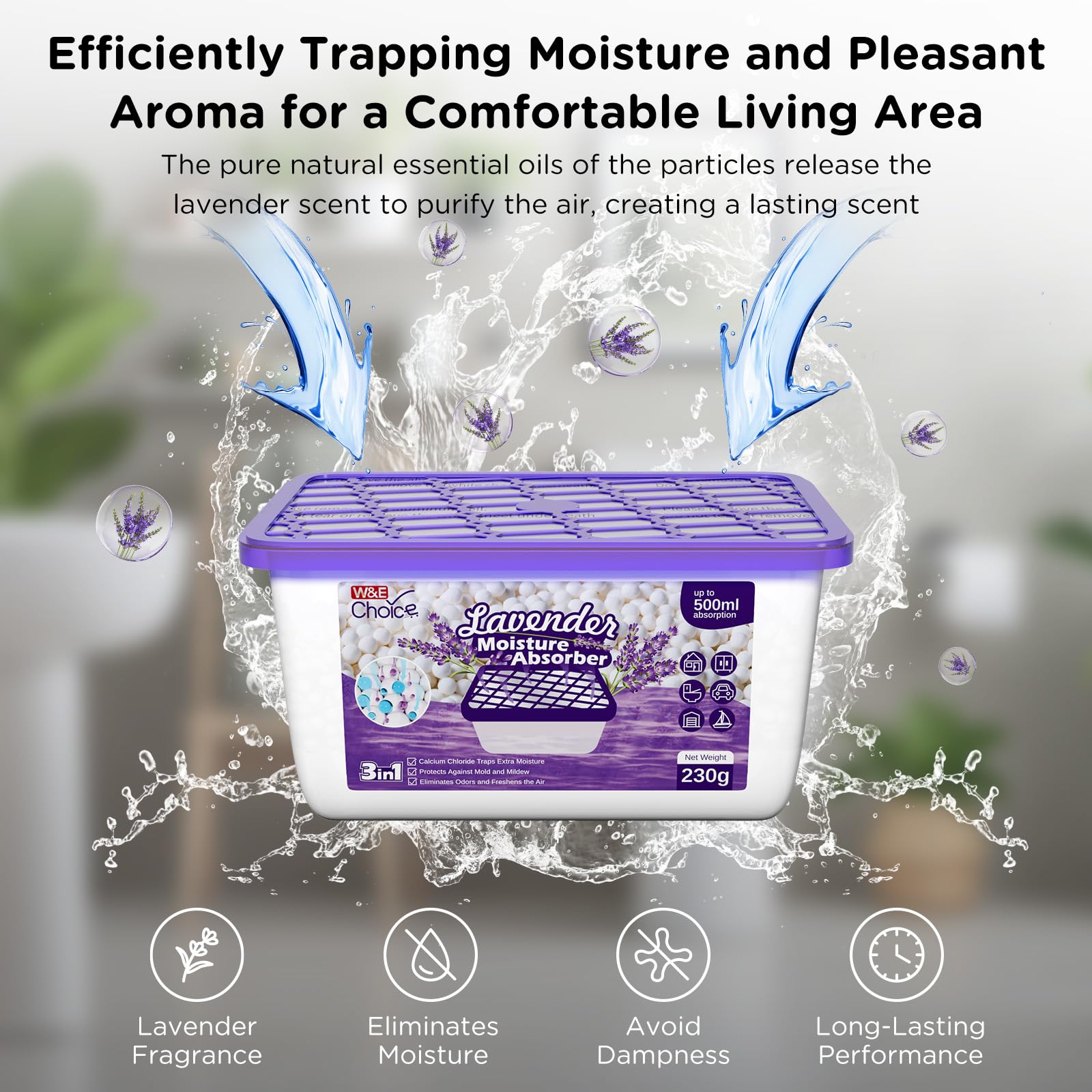 W&E Choice Assorbitore di umidità, deumidificatore profumato alla lavanda, per la casa, scatole assorbitori di umidità portatili per bagno, armadio e auto, confezione da 12 pezzi