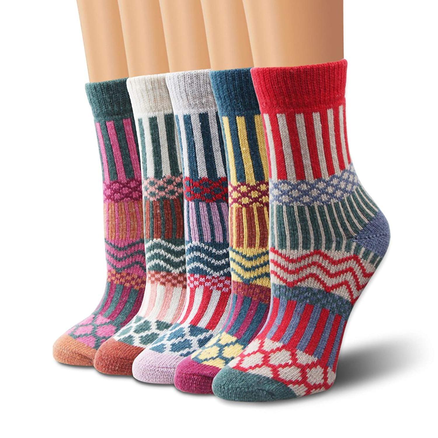 Winter Women Socks 5 Pairs Vintage Style Knit Wool Casual Socks Thick Warm Colorful Socks