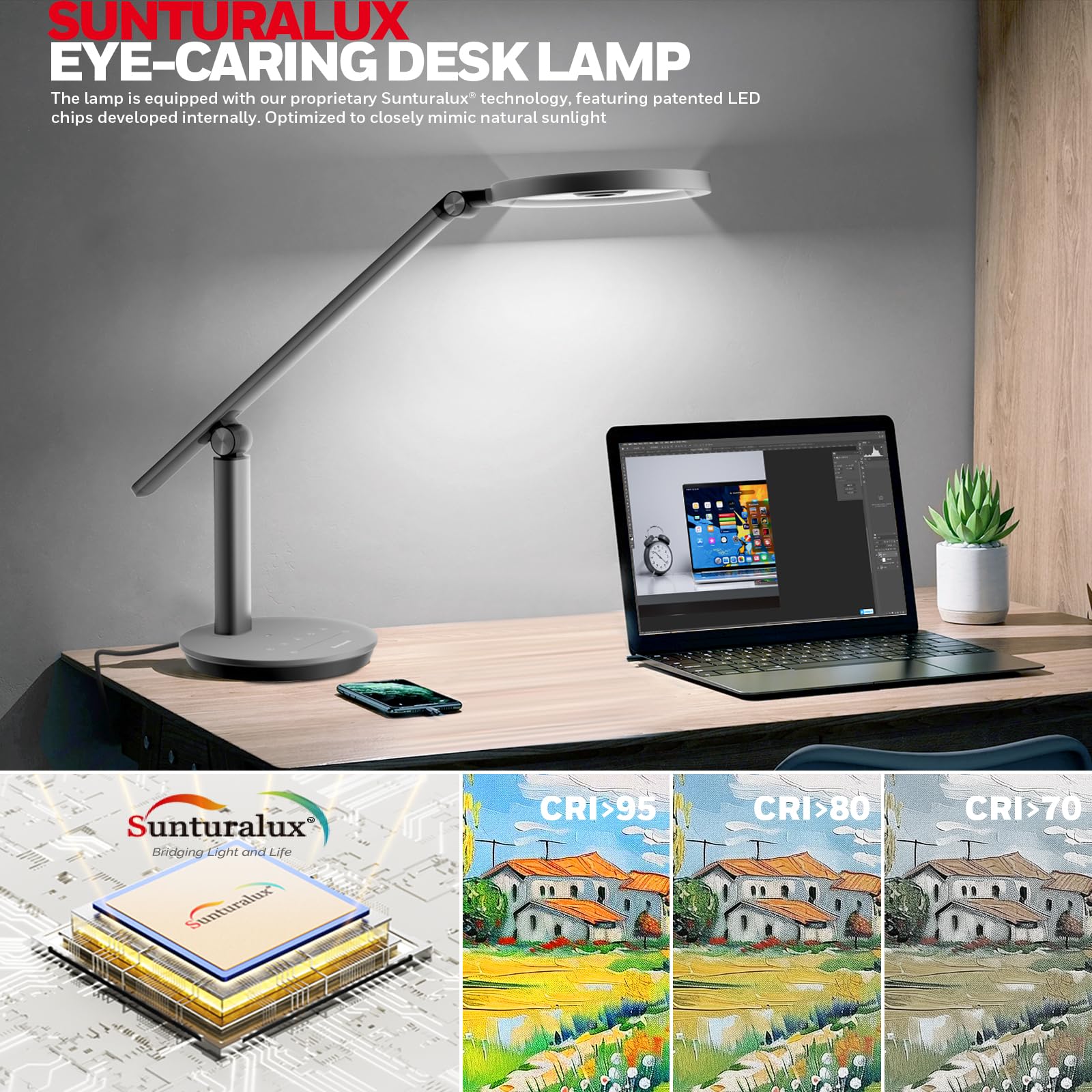 Honeywell H6 Lampada Da Scrivania LED, Lampada Dimmerabile, Grigio | Sunturalux CRI≥97, RG0 luce blu ridotta, senza sfarfallio, 800LM dimmerabile con timer per webcam, studio, ufficio e camera