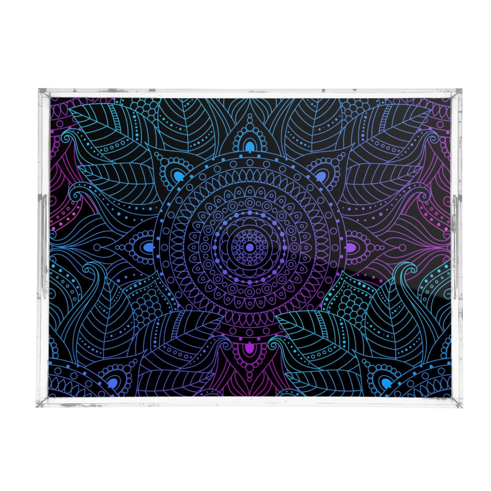 Mandala Boho Ethnic Bohemian - Bandejas transparentes con asas, bandeja de desayuno transparente, impermeable, de acrílico, para servir, 40,6 x 30,5 cm