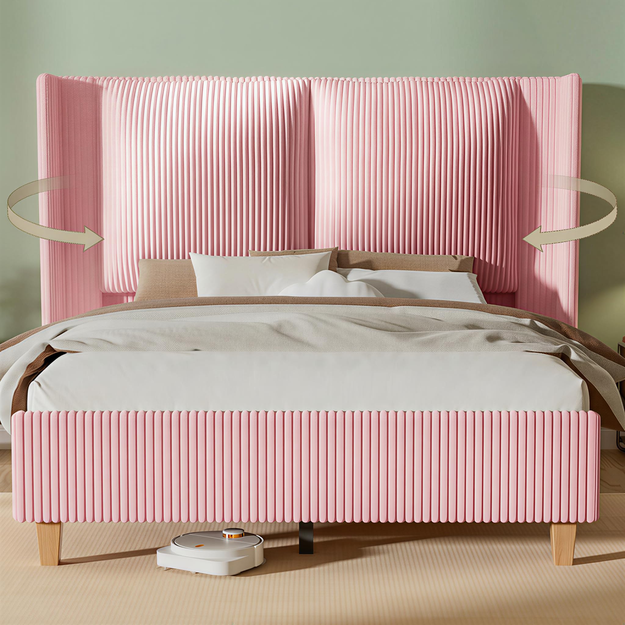 HOMiGroPa King Upholstered Bed Frame with 51" Tall Headboard & Widened Corduroy Cushion, Easy Assembly, No Box Spring Needed, Pink