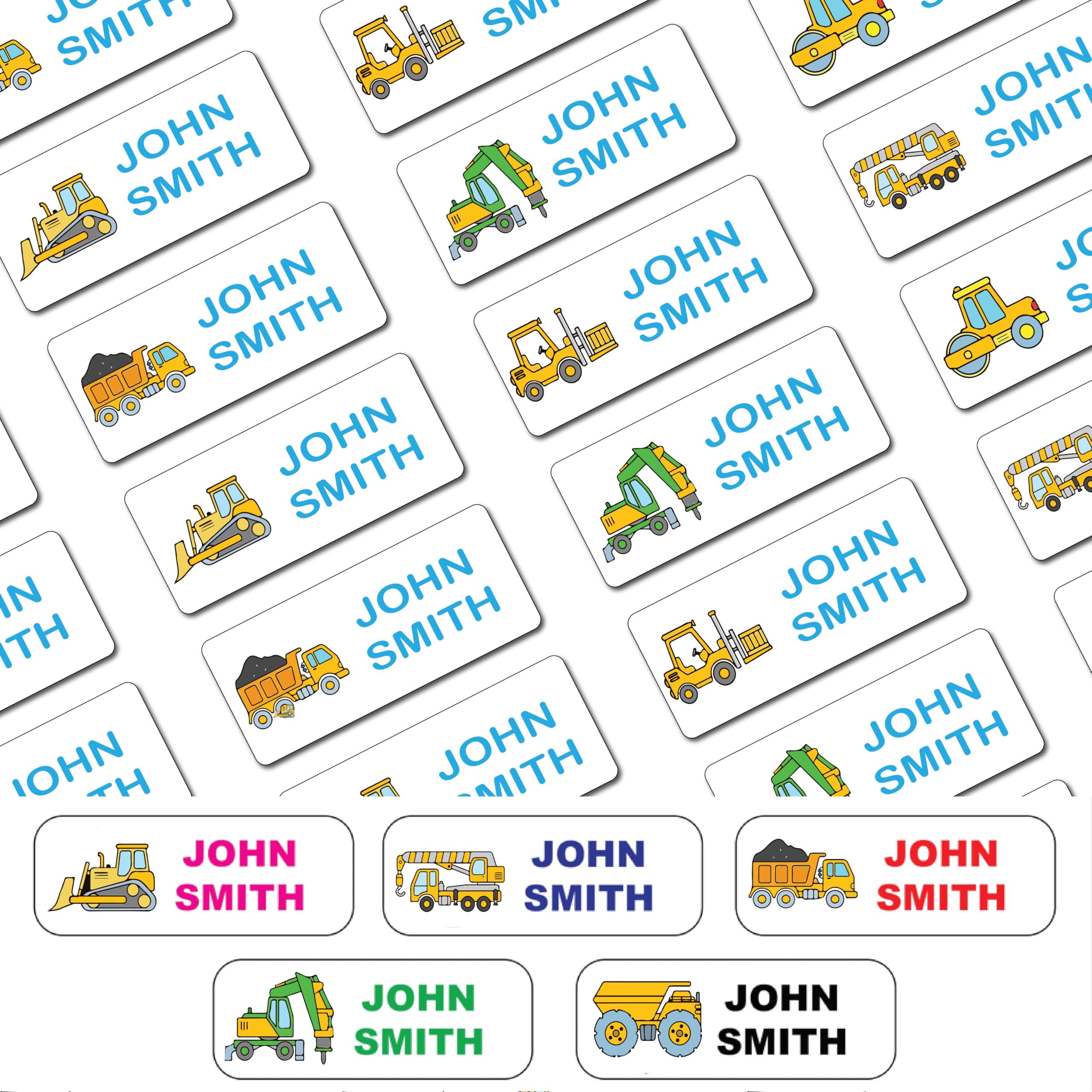 44 Personalised Stick On Name Labels for Clothes Kids, No Iron Just Peel and Stick! Suitable for School Uniform, Name Tags, Care Home, Washing Machine Proof, Dishwasher Proof, (Construction)