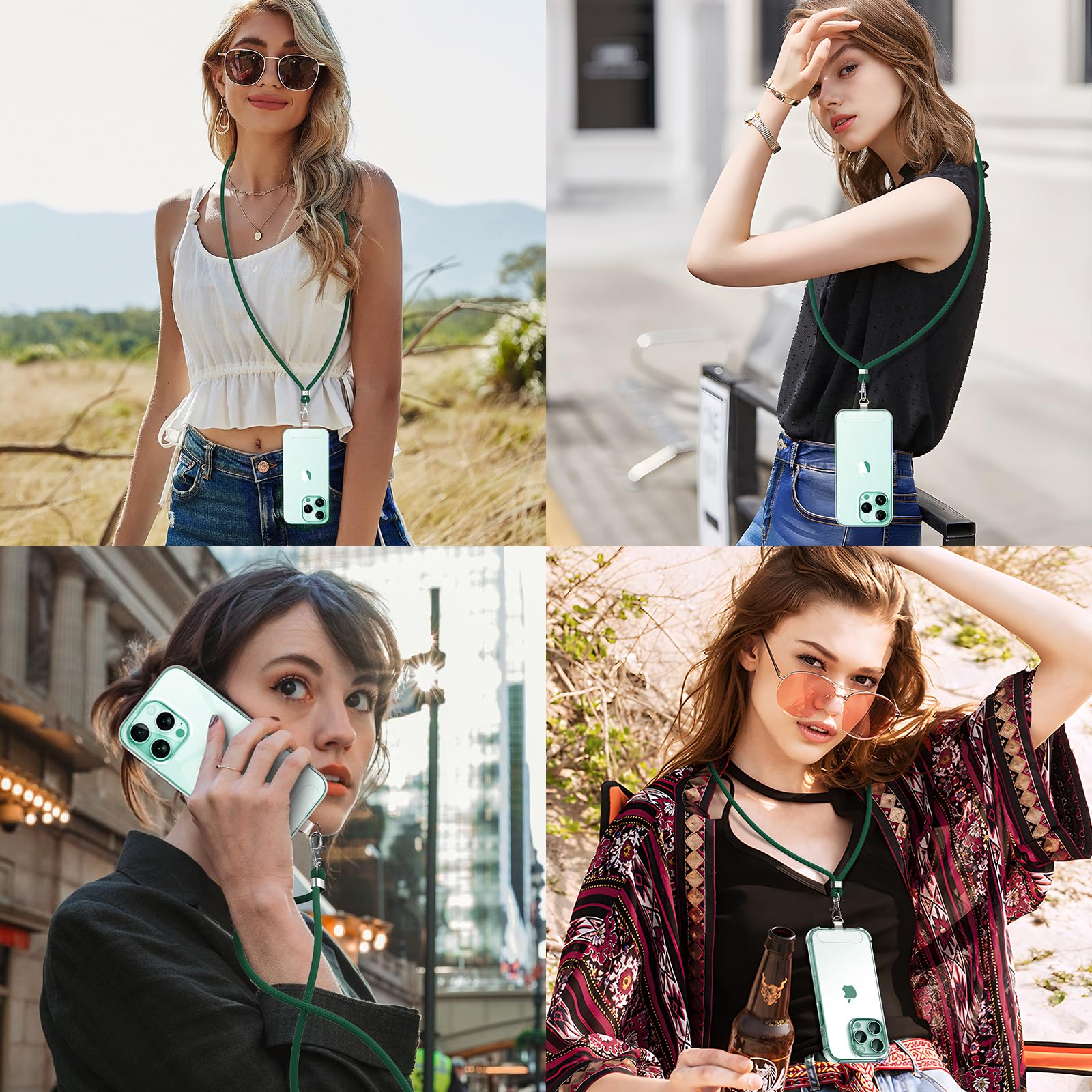 caslord Cordino per Cellulare*1, Trasparente Patch Universali*2, Adatto a Tutti Gli Smartphone, Cinturino per Cellulare Abbinabile a Qualsiasi Custodia, Regolabile e Rimovibile - Verde scuro