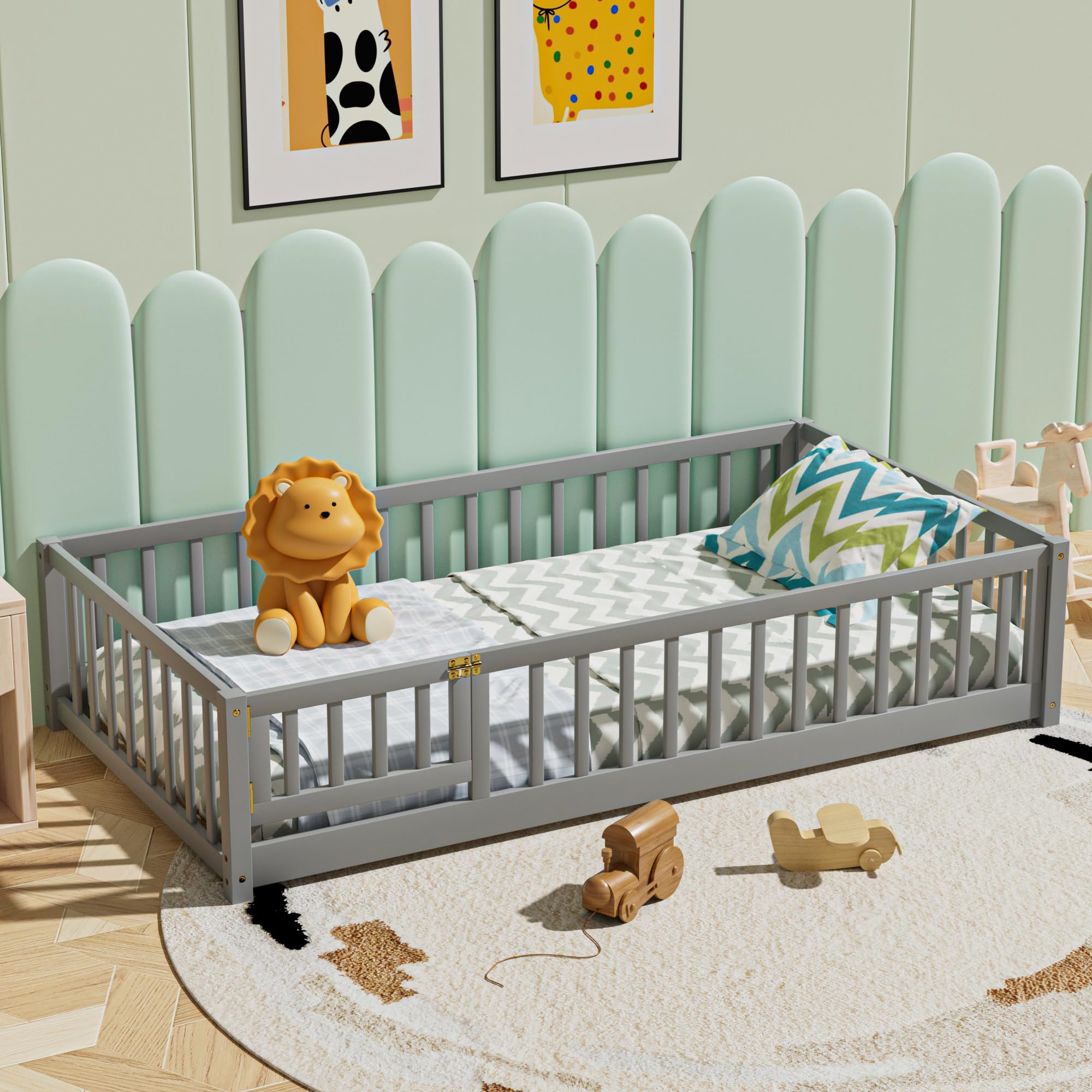 i-POOK Twin Size Floor Bed with Fence and Door Platform Bed Frame with Safety Guardrails and Wood Slats Montessori Floor Bed for Girls and Boys, Size: L 79.5” x41.8” x 17.5”, Gray