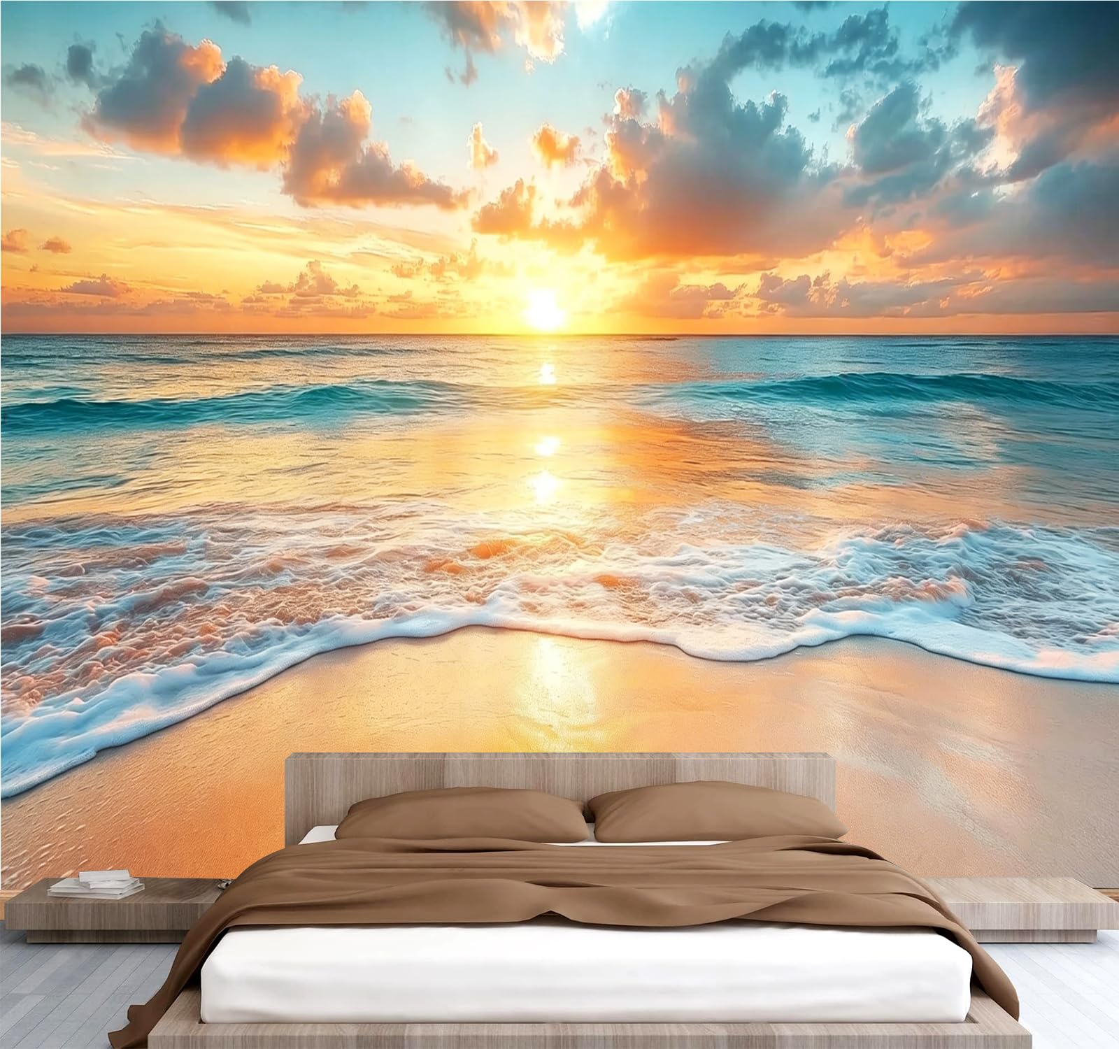 Papier Peint Panoramique 3D 400x280 cm Plage Non-tissé Murale Maison Décoration Intérieure Océan Vue Sur Le Coucher De Soleil pour Chambre Salon Mur TV Artistique Poster Décoration Murale 1M2669