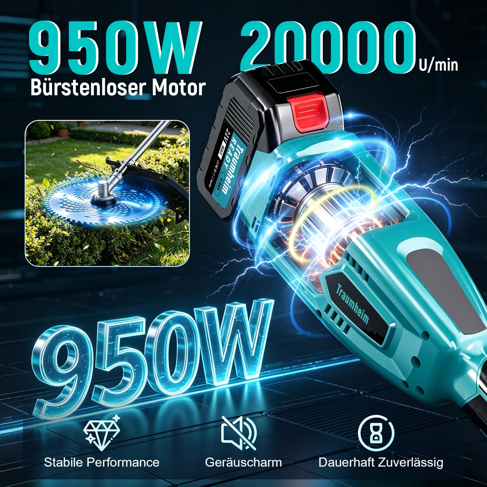 Rasentrimmer mit Akku,4-in-1 für Makita-Akkus,950W | Bürstenloser Motor, 15cm Unkrautbürste, 3m Tap&Go, Längerer Schaft, 2x 4.0Ah Akku, Garden Trimmen