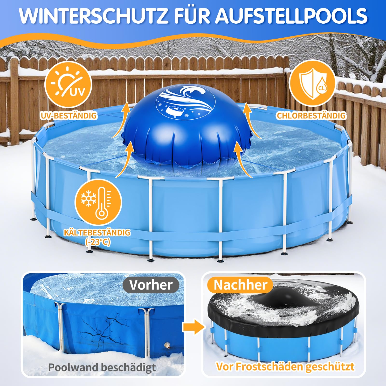 Poolkissen Winter rund Ø 3,6 m für Aufstellpools, Pool-Luftkissen | Winterkissen für die Poolabdeckung aus 0,6 mm PVC mit Doppelnaht, kältebeständig, aufblasbar, mit Seil zum Eisdruckausgleich