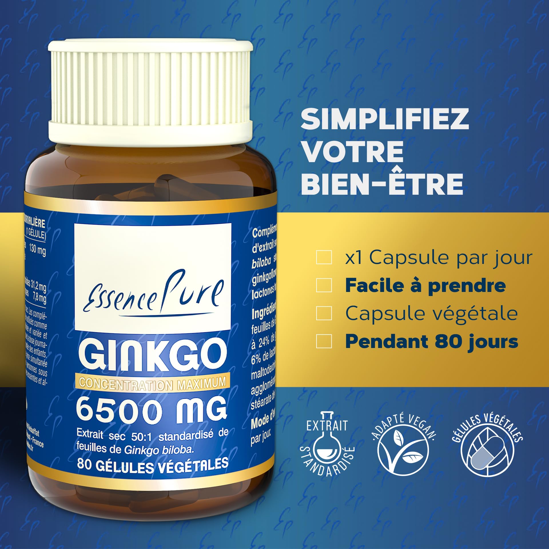 Ginkgo Biloba 6500 mg Essence Pure | Complément Alimentaire, 80 Gélules Végétales, 24% Ginkgoflavoglycosides, 6% Lactones | Soutient la Mémoire et la Circulation, Api-Nature