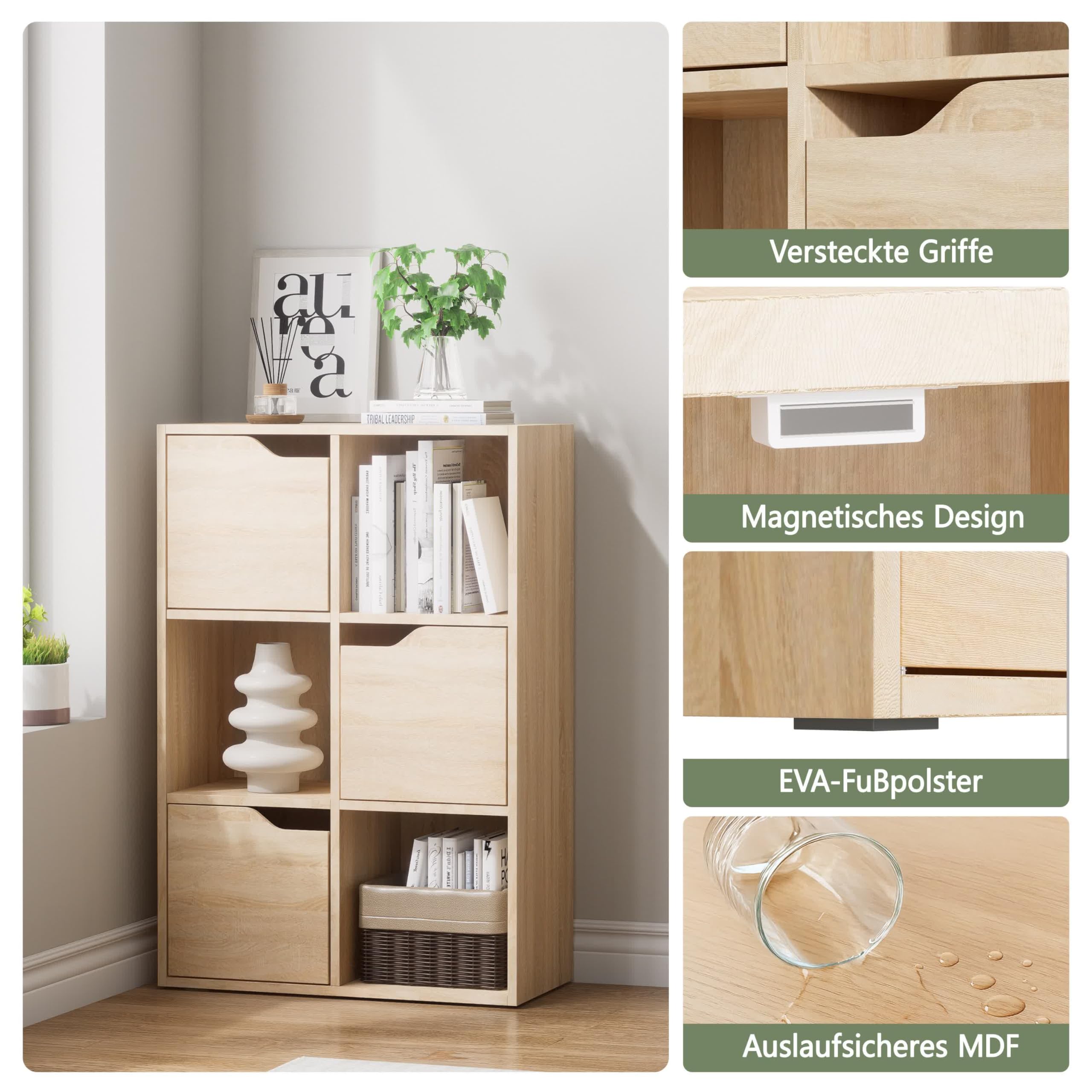 Garvis Standregal 6 Fächer (3 Türen) – Schmal 60x92x29 cm – Kompaktes Kombiregal für Büro & Wohnzimmer (Sonoma Eiche)