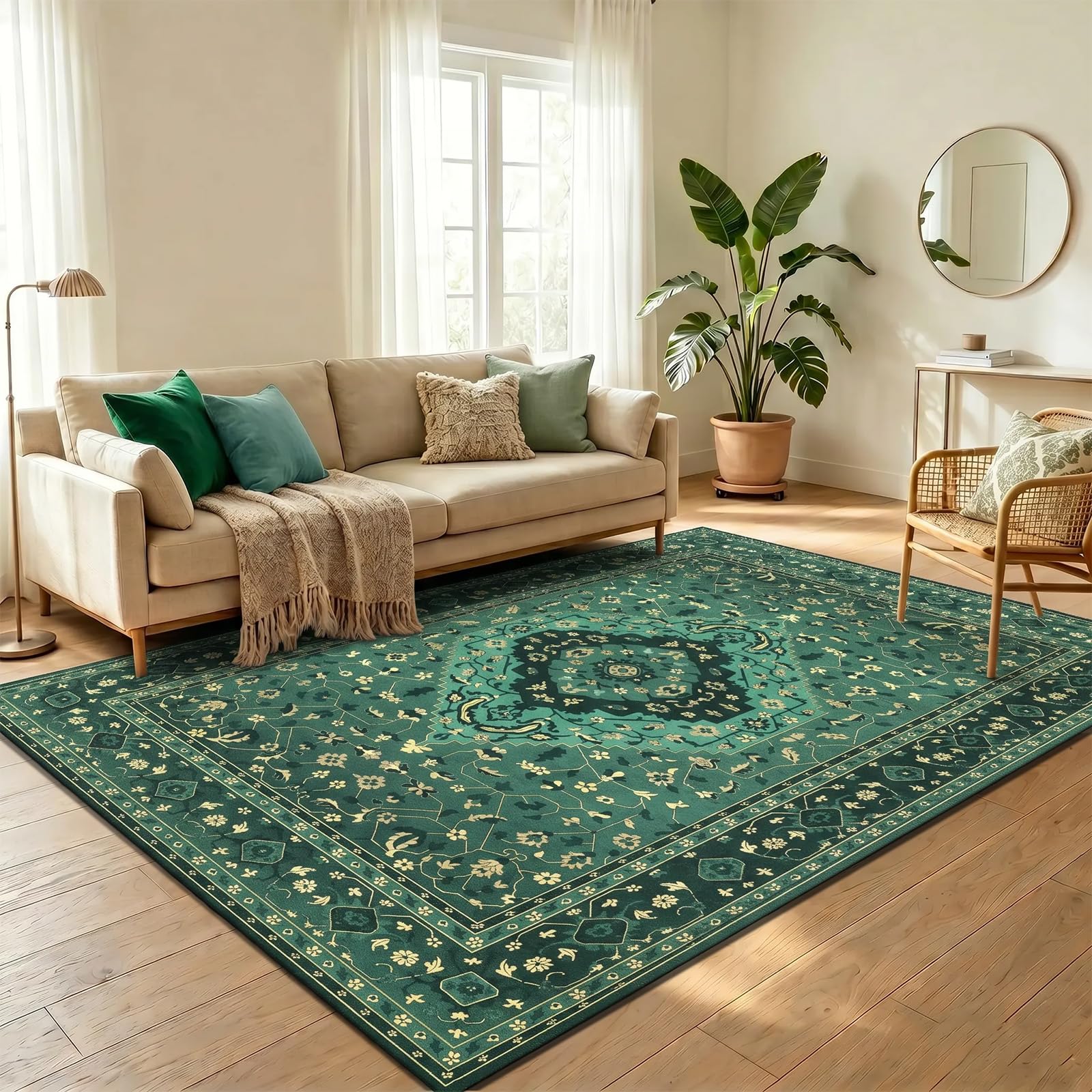 WUTONG Green Vintage Area Rug 140x200cm,Transitional boho Style Rugs Living Room,Soft Short Pile Carpet,Non-Slip Decorative for Bedroom