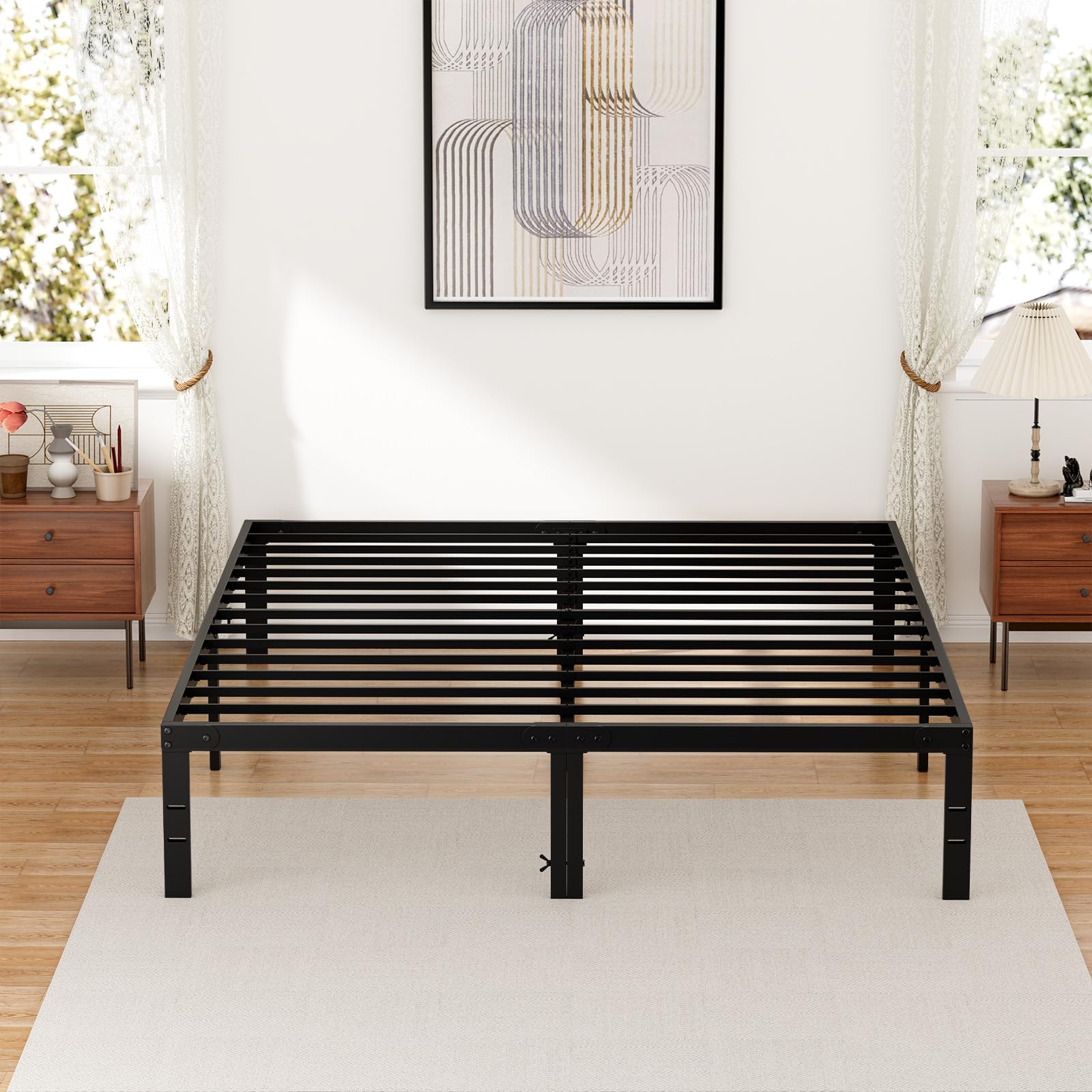 Heavy Duty Queen Size Metal Bed Frame Mattress Foundation with Steel Slat Support Study No Box Spring Required