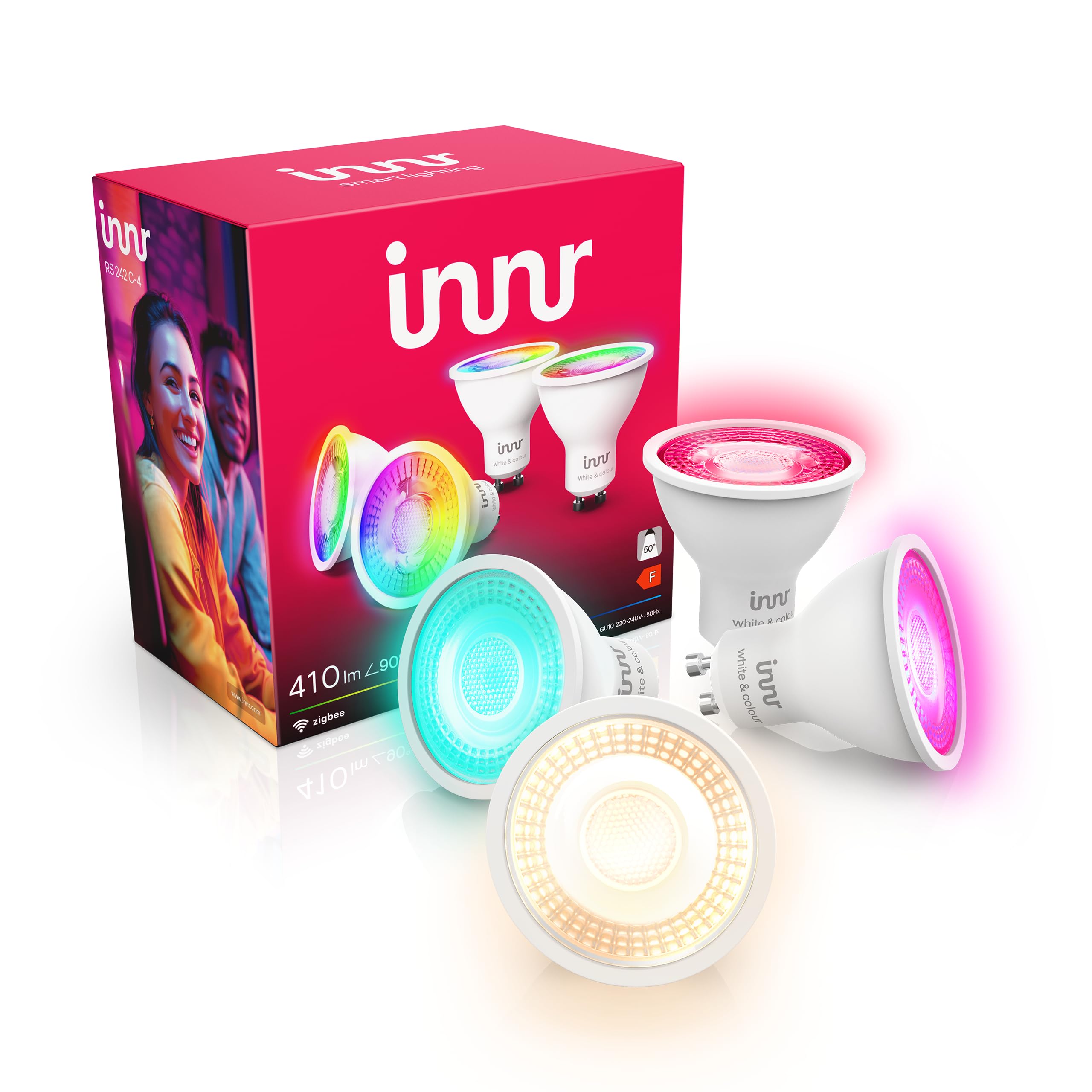 innr Zigbee GU10 Ampoule Connectée, Fonctionne avec Hue* et Alexa (Pont Requis), Spot Blanc et Couleur, 16 Millions de Couleurs, Ampoules RGB, LED Lampe, Intensité Variable, 410 lumens - 4 Pièces | Lampe Smart Home, 16 millions de couleurs, 1800 K-6500 K,