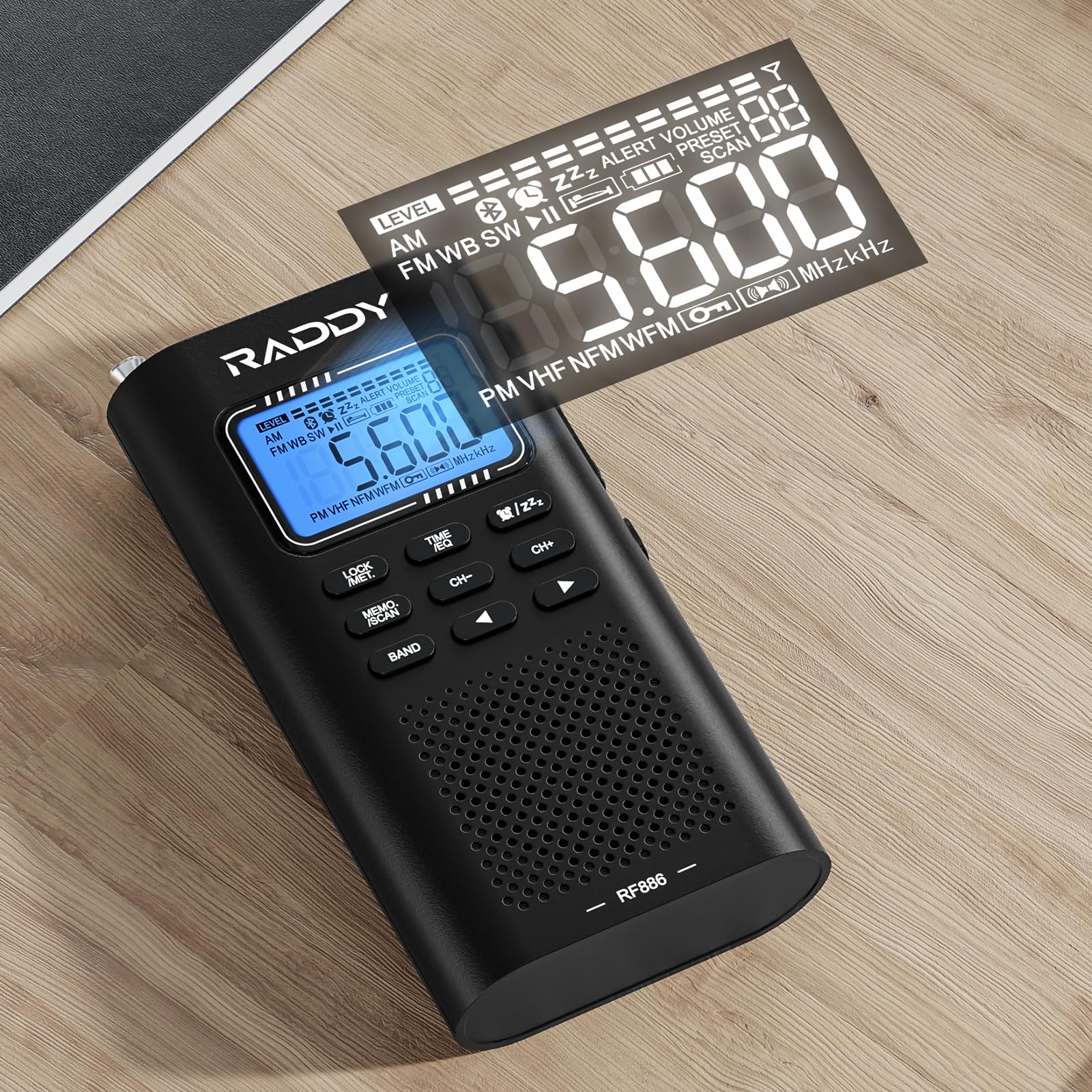 Raddy RF886 Radio Portátil de Onda Corta Pequeña Radio Am/FM/SW/UKW Radio Digital, Radio con Batería y Altavoz BT, 3 M Antena Externa