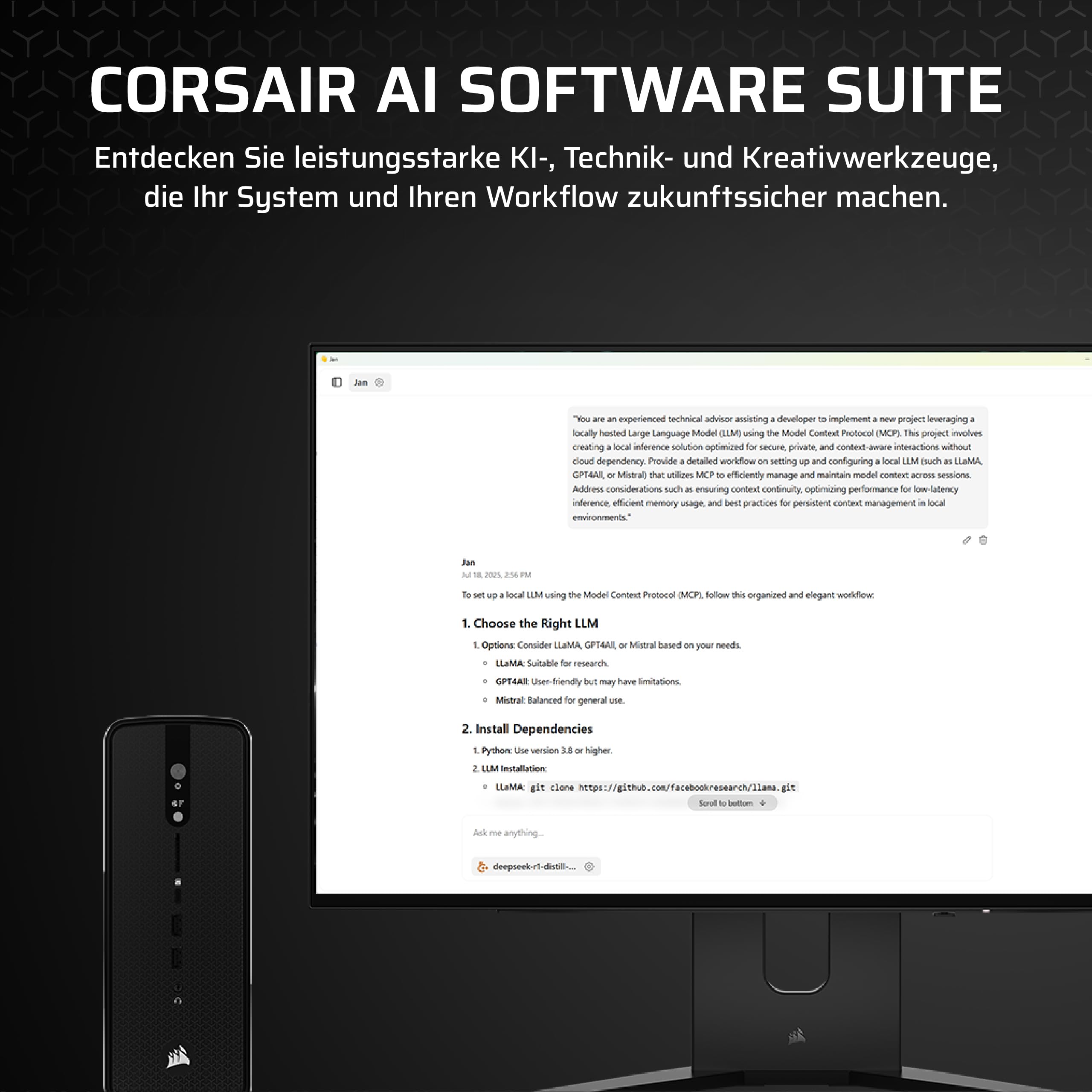 Corsair AI Workstation 300 Desktop-PC – Schwarz | AMD Ryzen AI Max 385 CPU, AMD Radeon 8050S iGPU (Up to 48GBs vRAM), 64GB LPDDR5X 8000MHz Speicher, 1TB M.2 SSD