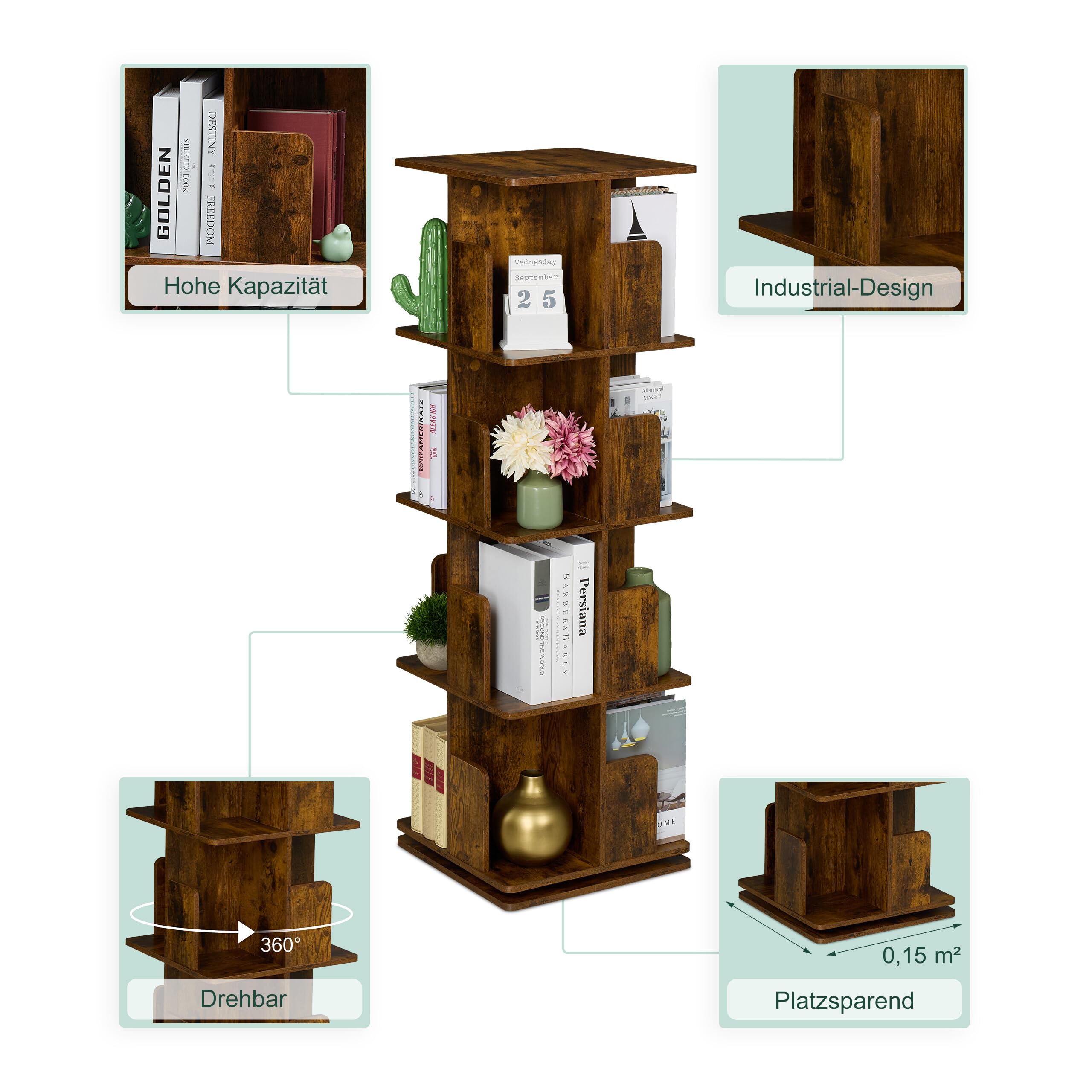 Relaxdays Bücherregal, 360 Grad drehbar, 4 Ebenen, Industrial Design, HxBxT: 125,5x39x39 cm, Wohnzimmer Drehregal, braun