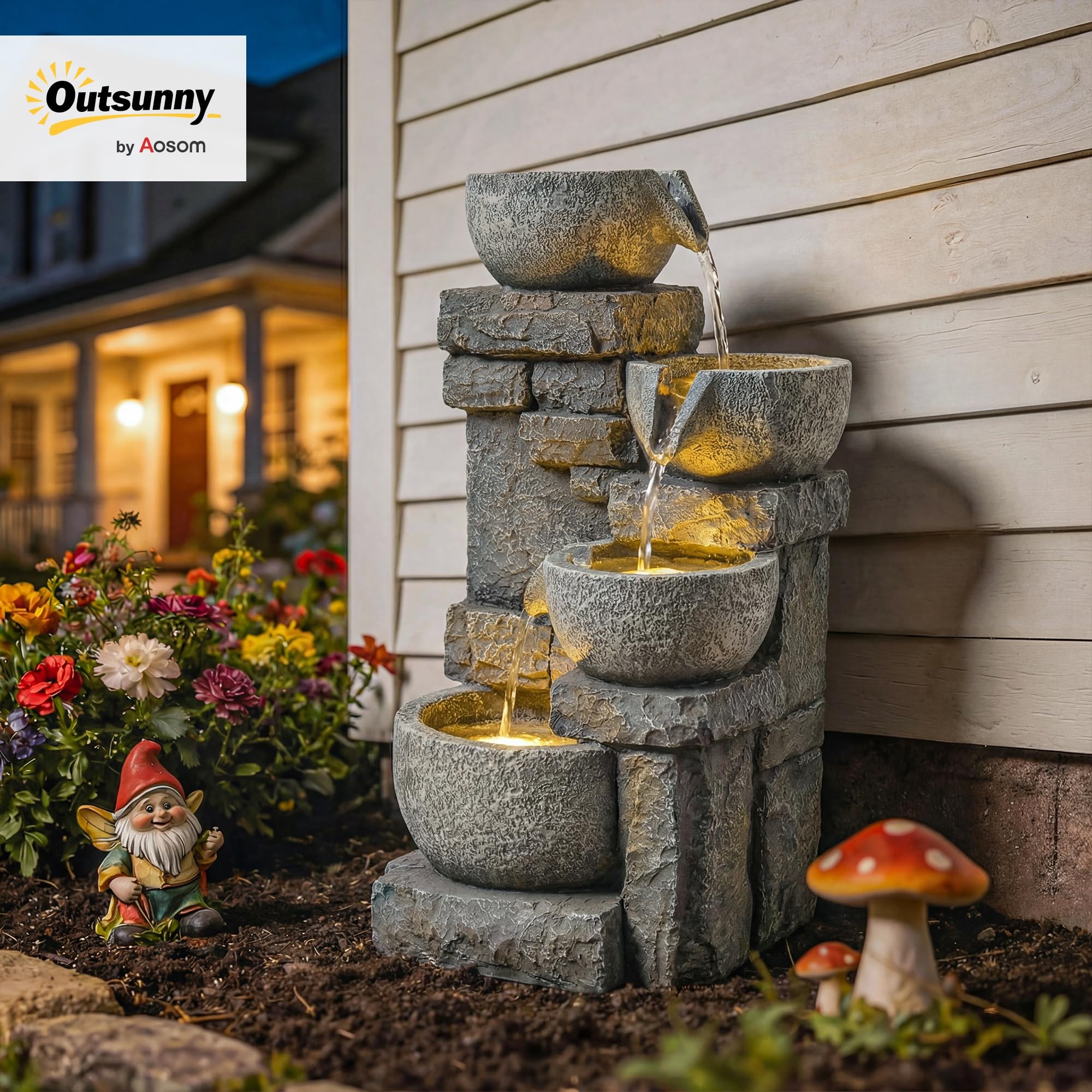 Outsunny Fontaine de Jardin Cascade 4 Niveaux - Décoration Effet Pierre et Brique avec Éclairage LED - Pompe à Eau Réglable pour Terrasse, Balcon et Salon (54,5 cm), Gris