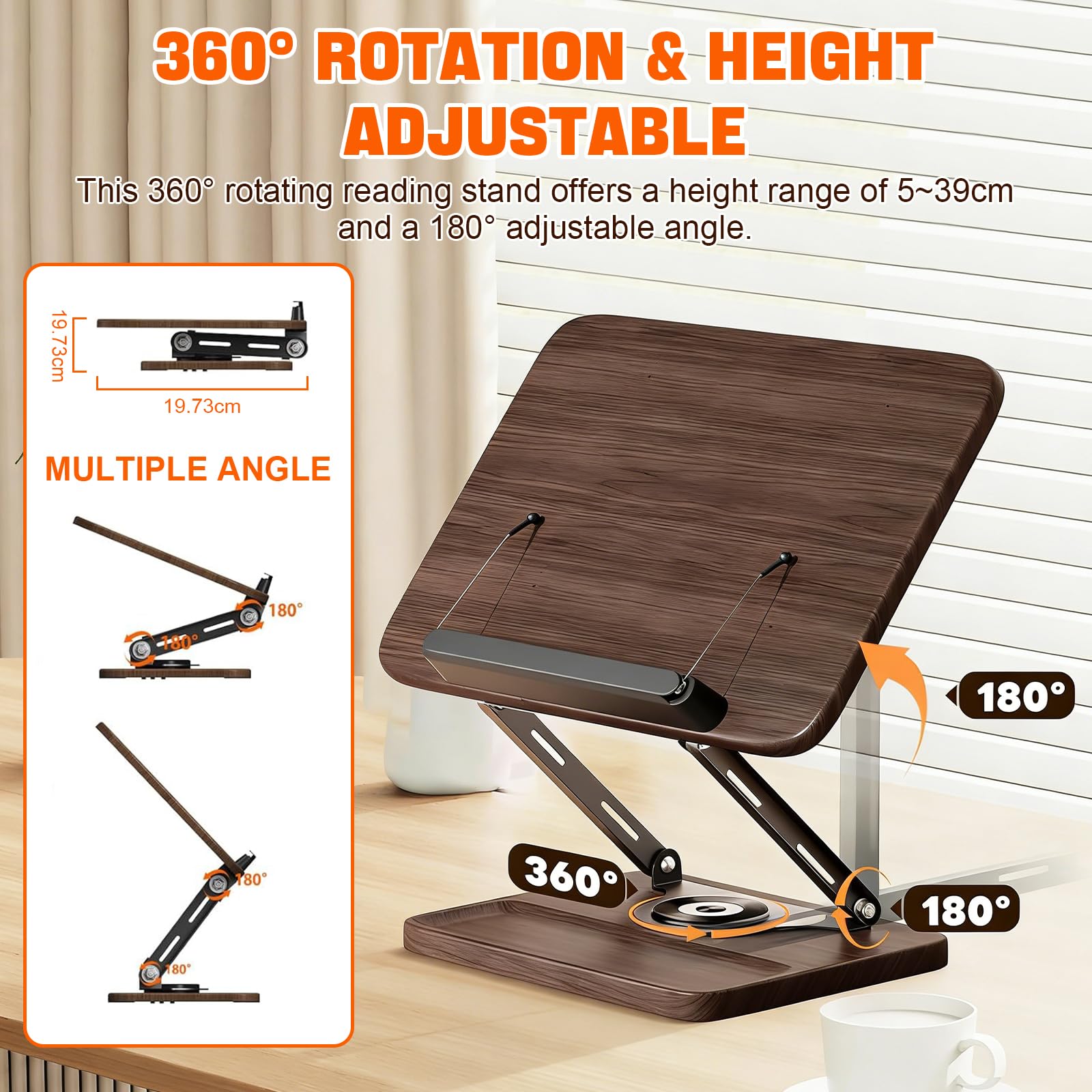 Support de Lecture en Bois Réglable et Rotatif à 360° - Pliable - Pupitre Ergonomique Porte-Livre pour Cuisine (Livre de Cuisine), Bureau, Partition de Musique et Tablette