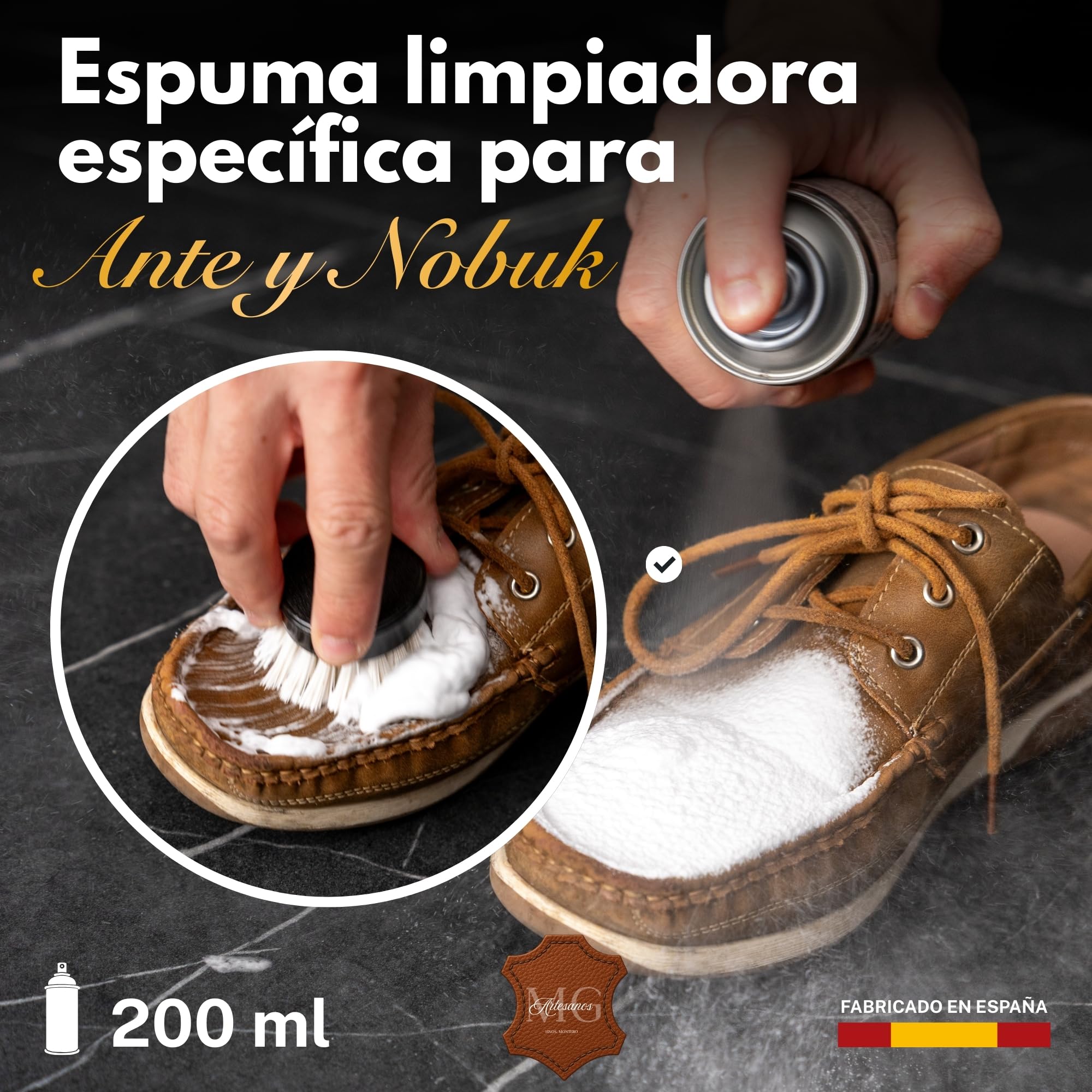 MG ARTESANOS | Spray Limpiador para Ante y Nobuk – Limpieza en Seco para Zapatillas, Botas y Bolsos, Elimina Manchas y Suciedad sin Dañar el Material