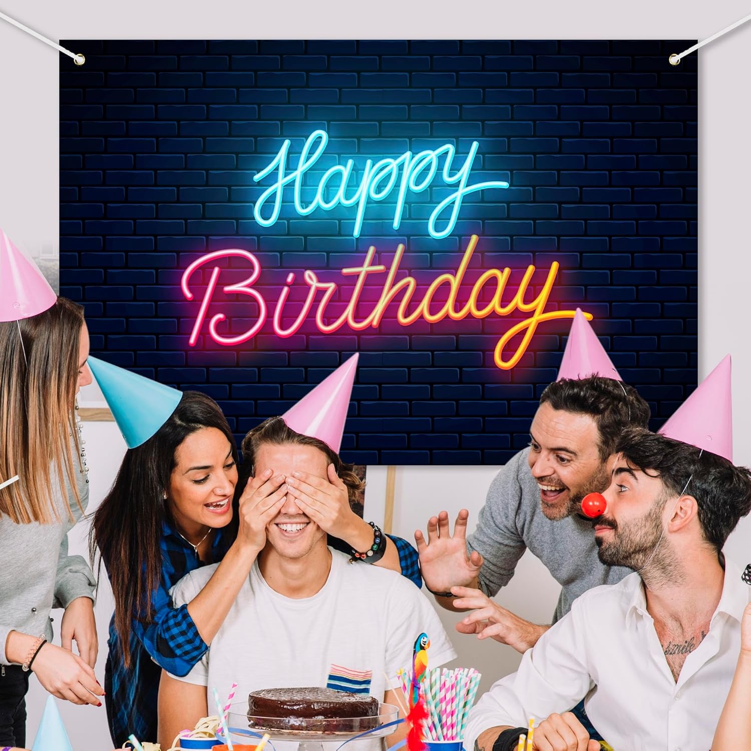 Neon Happy Birthday Backdrop Banner Cool Glow Neon Theme Background Decor for Men Women Boys Girls Birthday Party Let’s Glow Party Celebration Decoration Photo Booth Props Supplies 70.8x47.2in-BECKTEN - Image 4