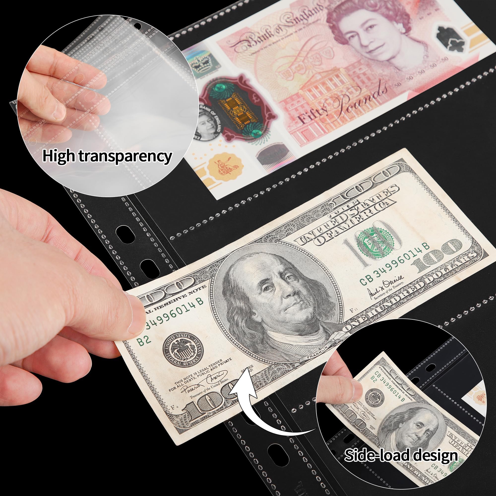 150 koszulek na strony banknotów archiwalnych – 50 arkuszy bezkwasowych etui ochronne na banknoty, znaczki pocztowe, kupony IN02050