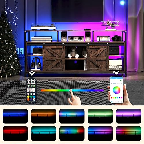 Miniatura 2 de TC-HOMENY Soporte de TV para TV de 70 pulgadas armario de TV con regleta de alimentación y tira de luz LED consola central de entretenimiento puerta