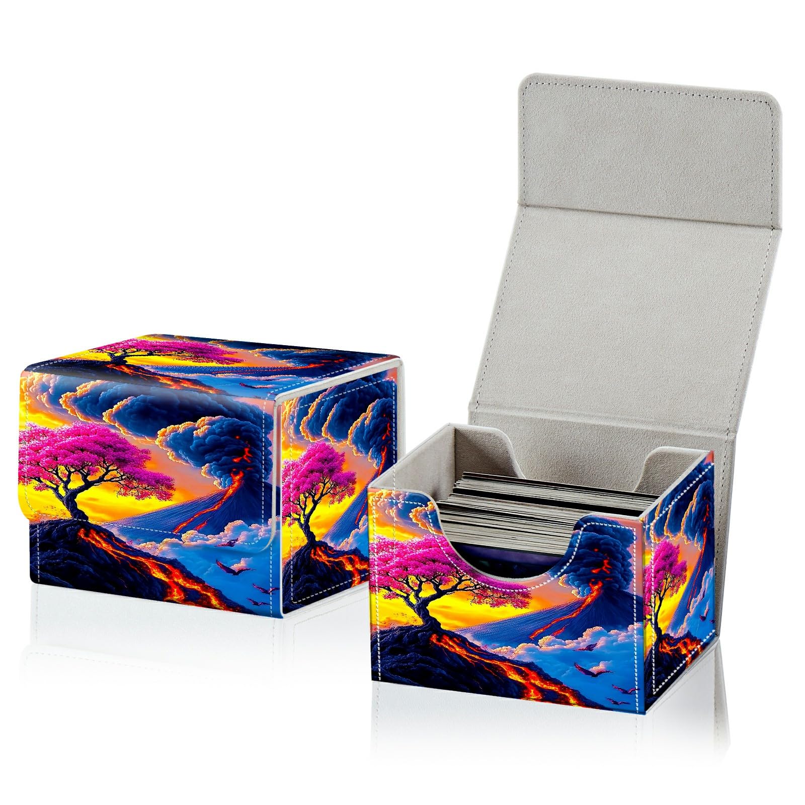 RWUTYTIUL Card Deck Box for MTG, Cards Storage Box Fits 120+ Sleeved, Leather Small Size Strong Magnetic Closing Card Case for Board Games Magic TCG CCG Baseball Collection, Volcanic Cherry Blossoms