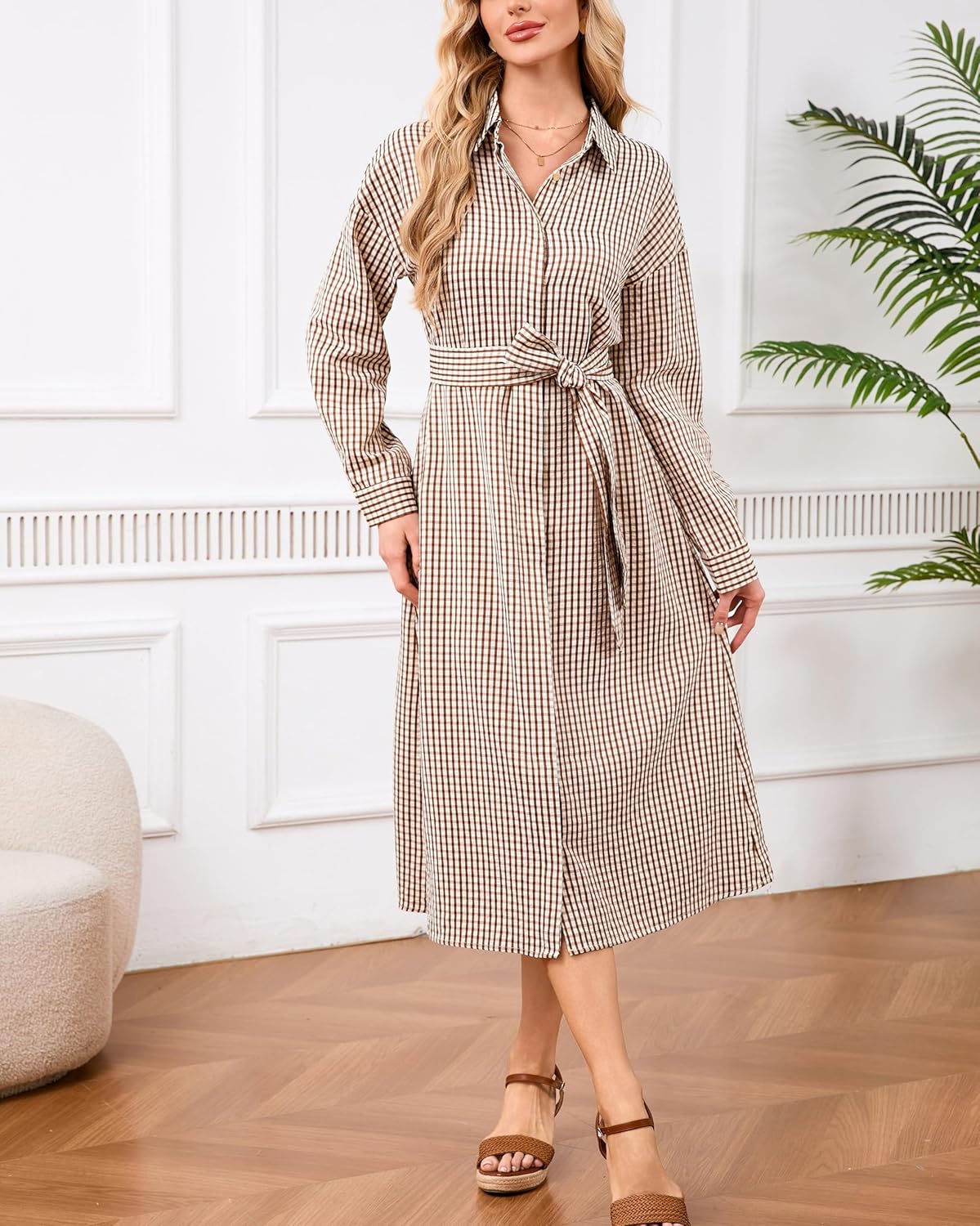 Women's Long Sleeve Plaid Maxi Dress Casual Button Down Belted Collar V Neck Long Shirt Dresses - Image 6