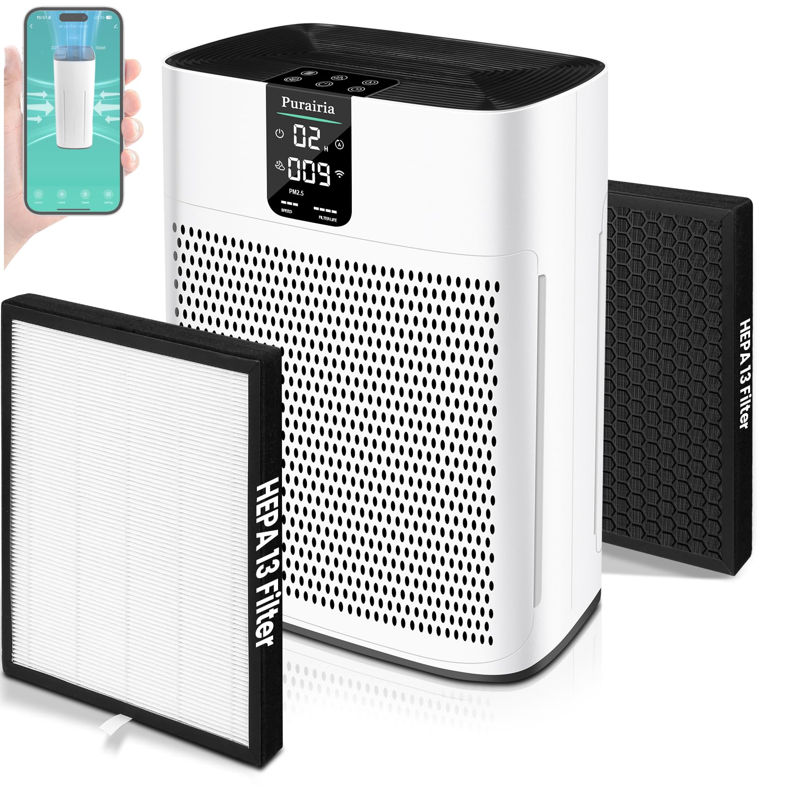 Air Purifiers for Home Large Room Covers 2200ft², HEPA Air Purifier with PM2.5 Display, 15dB Sleep Mode, Smart Air Cleaner with App for Room, Office, Smoke, Pet Hair, Dander, Dust, Odor with 2 Filters