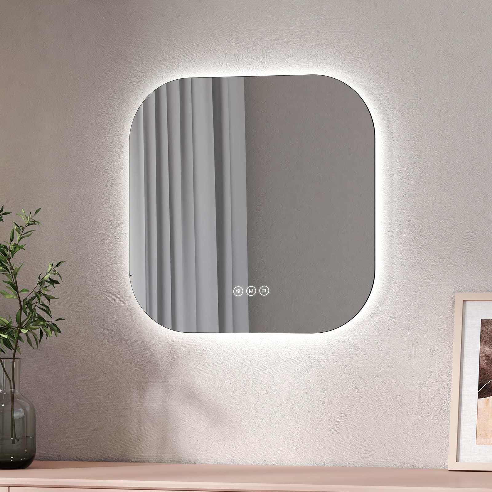 EMKELed Bathroom Mirror - 500x500mm Frameless Wall Mounted Mirror with Lights, Illuminated Bathroom Mirror with Touch, Anti-Fog, Dimmable & 3 Colors, Memory Function for Living Room, Dressing room