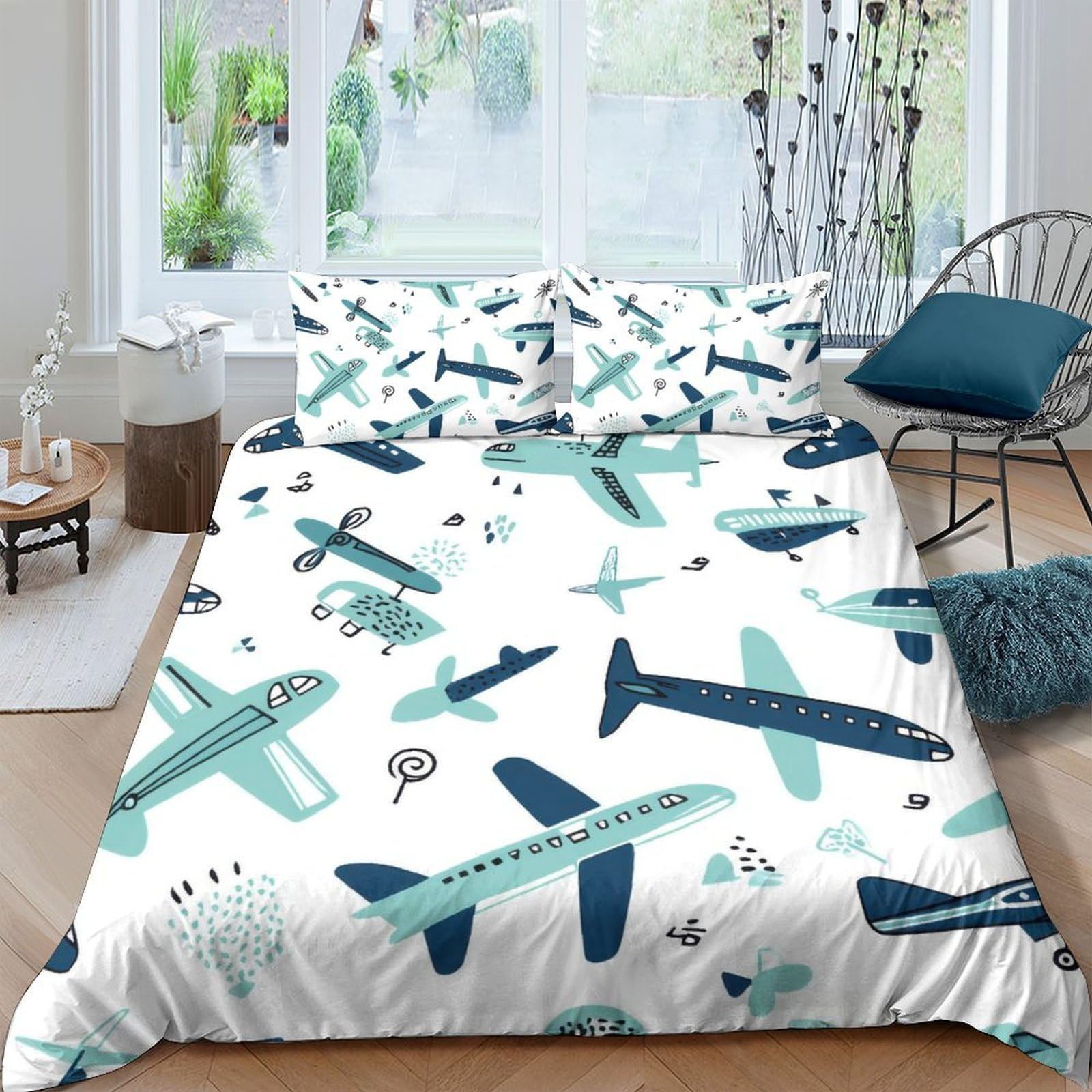 Ctjqhvkz Style-10 3D Printed Blue Aircraft Fitted Sheet Microfiber Soft Breathable Cartoon Plane Mattress Cover For Bedroom Decor Dorm Room Single（135X200cm）