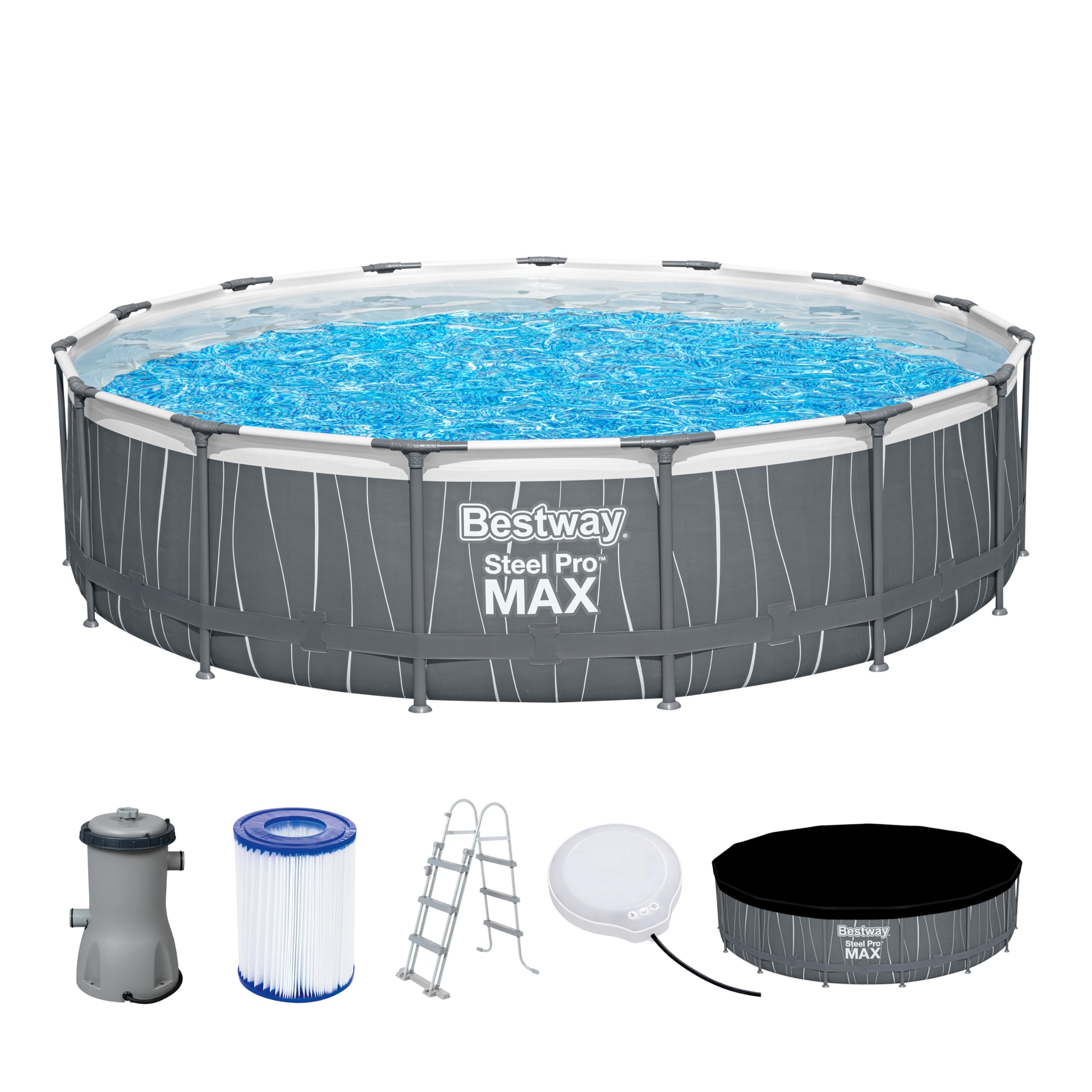 BESTWAY Steel Pro Max Rohr-Aufstellpool-Set 457 x 107 cm rund (mit Kartuschenfilter, Leiter, Abdeckung, LED-Licht)