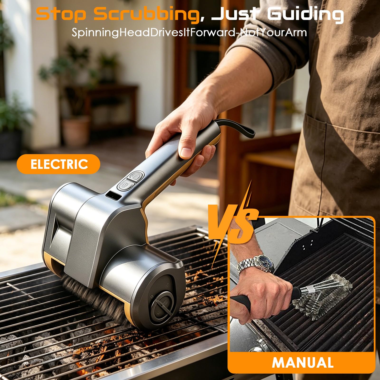 Spazzola elettrica per barbecue, senza fili, con luci LED, autonomia di 140 minuti, 2 velocità, 3 testine, impermeabile e resistente al calore, spazzola per barbecue in ghisa, acciaio inossidabile e