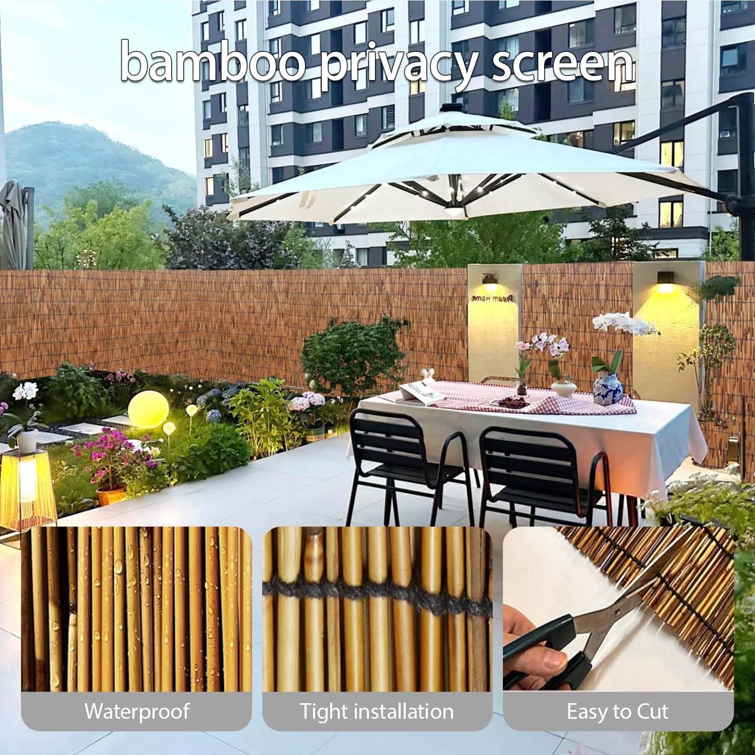 Cerca de bambú Natural en Rollo, de 1,8 m de Alto, Ideal para Exteriores, para privacidad, Patios, Jardines y terrazas (Alambre Amarillo y Blanco, 1,6 m x 2,7 m)