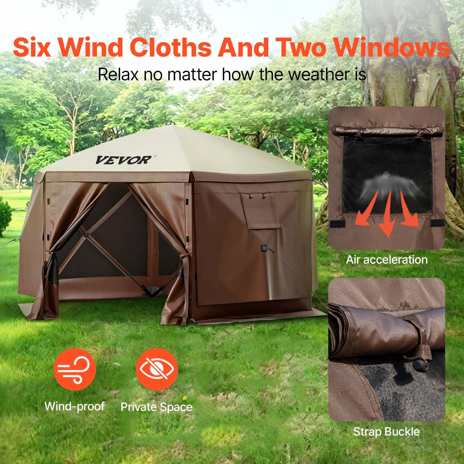 VEVOR Pavillon-Zelt, 3,6 x 3,6 m, 6-seitiges Pop-up-Camping-Überdachungszelt mit Netzfenstern, tragbarer Tragetasche, Erdnägeln, großen Schattenzelten für Camping im Freien, Rasen und Hinterhof