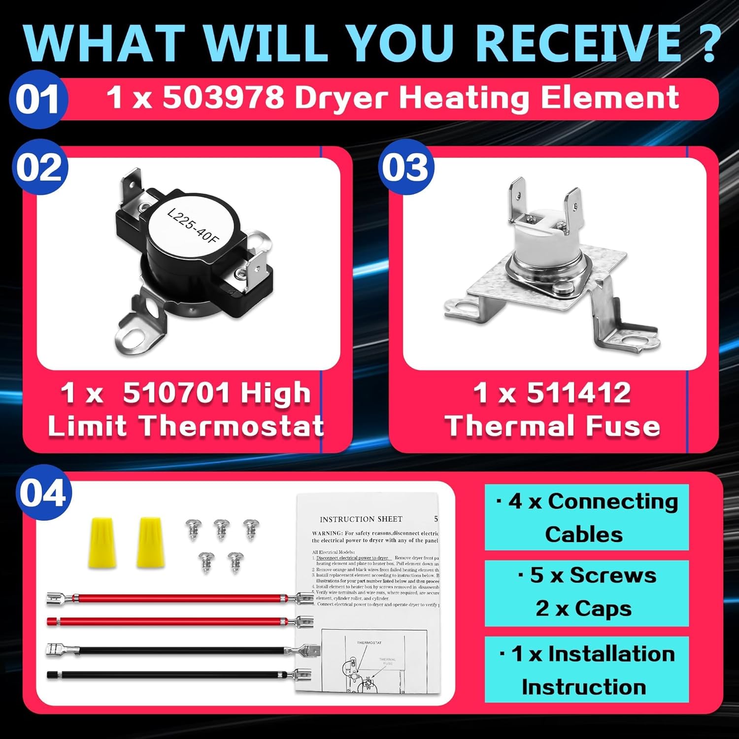 ADE4BRGS175TW01 Dryer Heating Element Kit Fit for Speed-queen ADEE8RGS173TW01 ADEE9RGS173TW01 ADE30RGS171TW01 ADEE9BGS173TW01 ATEE9ASP176TW01 ADE3SRGS173TW01 ADE3LRGS171TW01 ADE6HRYS177TW01