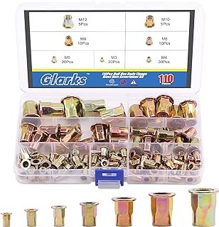 Glarks 110Pcs M3 M4 M5 M6 M8 M10 M12 Half Hex Body Flange Rivet Nuts Assortment Kit, Zinc Plated Carbon Steel Flat Head Threaded Insert Nut Rivnut Set