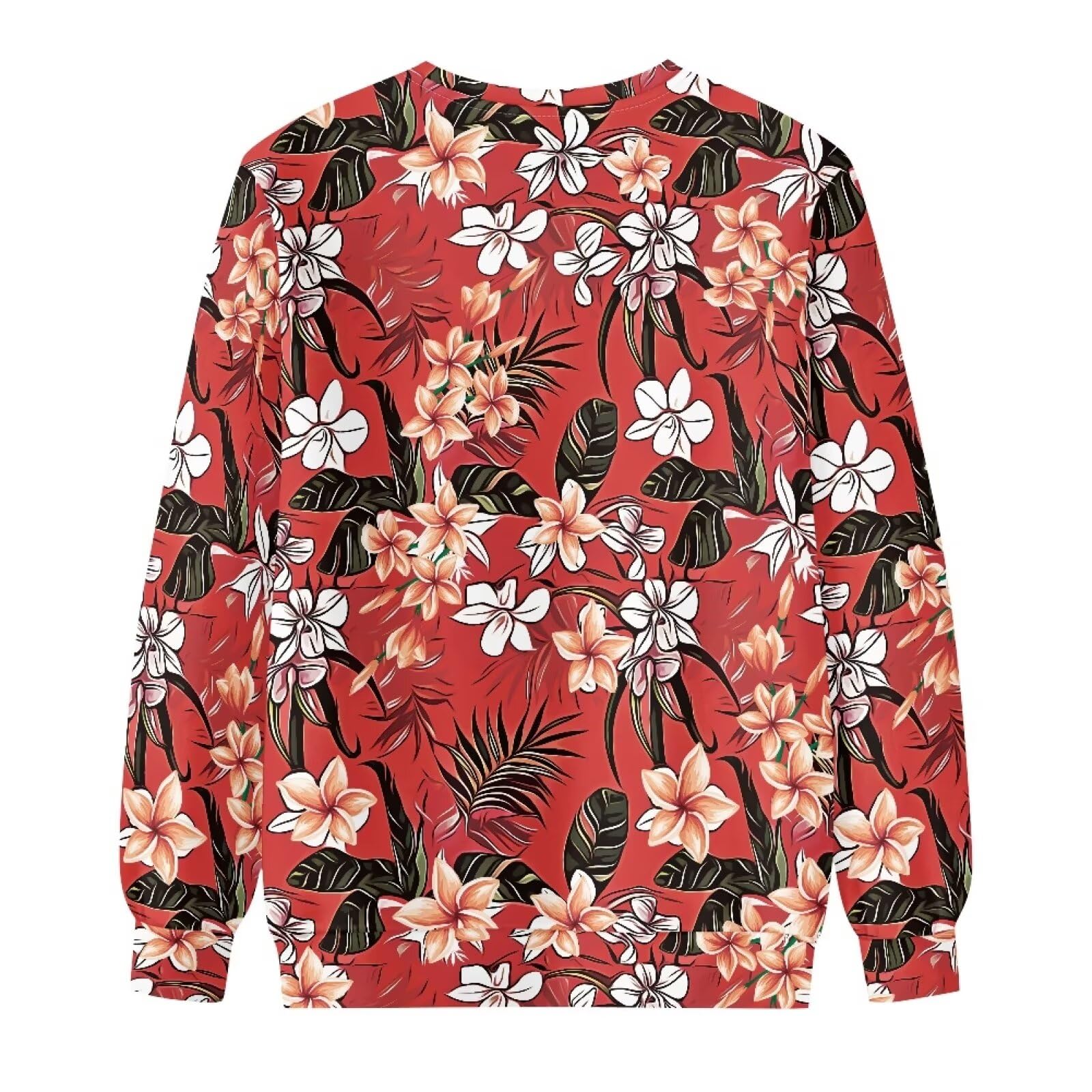 Amzbeauty Chandails hawaïens rouges à col ras du cou pour femme - Tunique à manches longues - Coupe ample, Imprimé tropical, XXL