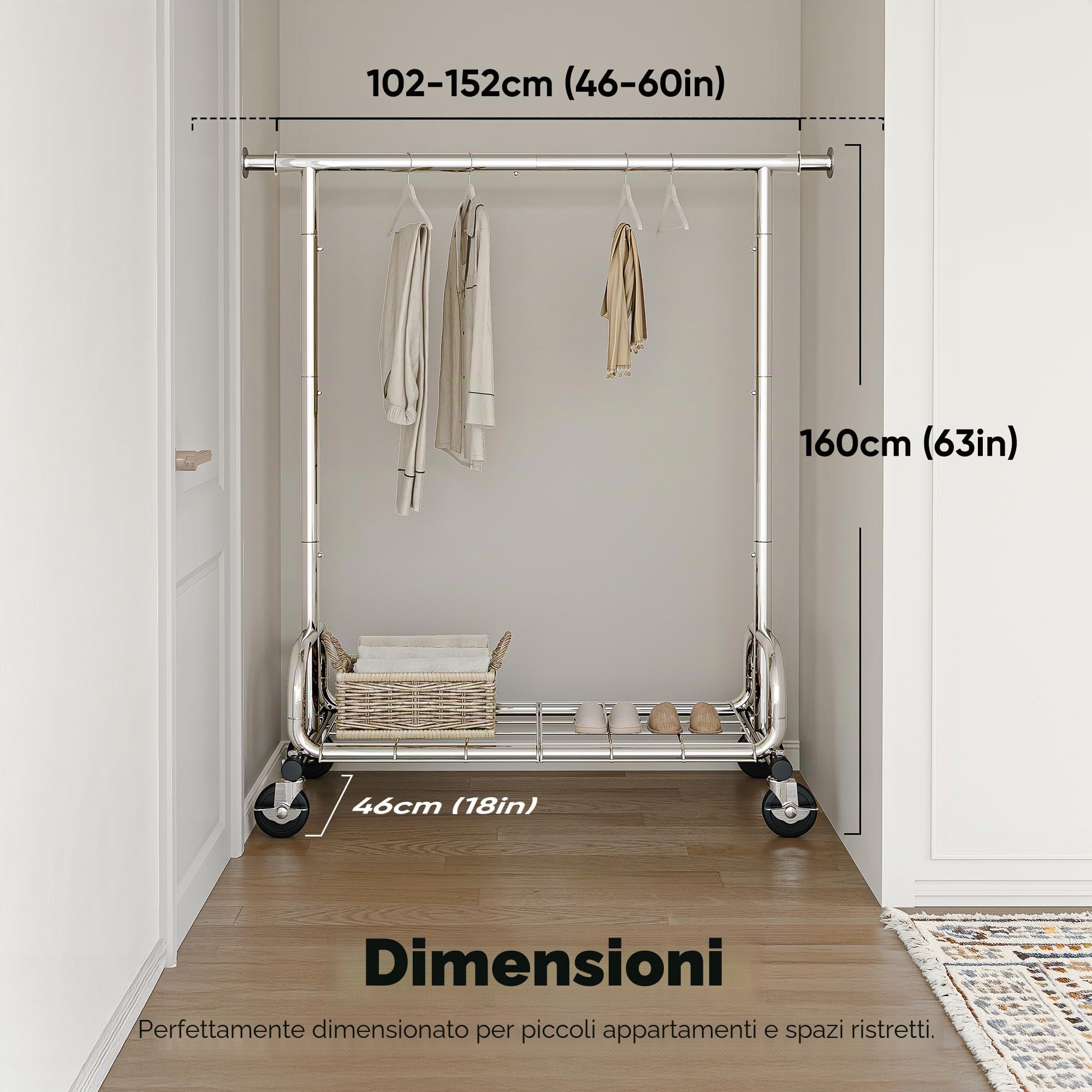 HOKEEPER Appendiabiti resistente, capacità 136 kg, appendiabiti estensibile con ruote e ripiani bloccabili, salvaspazio per camera da letto, piccoli appartamenti, lavanderia, argento