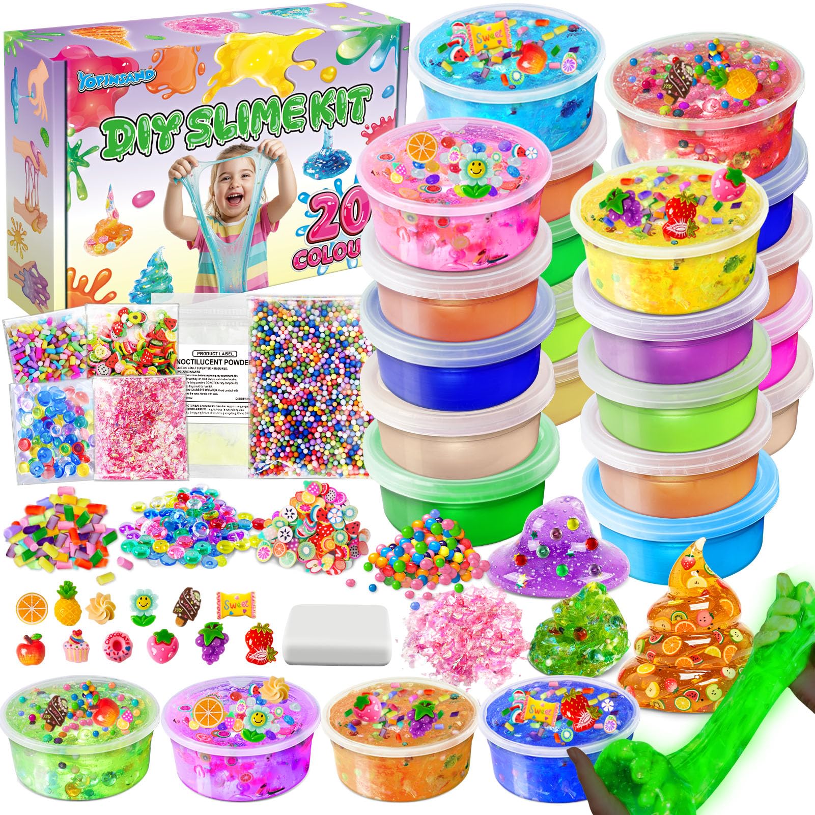 20 Cups DIY Slime Kit, Slime Making Kit for Girls Glow in The Dark, Crystal Clear Slime with Add-ins, Foam Balls, Charms