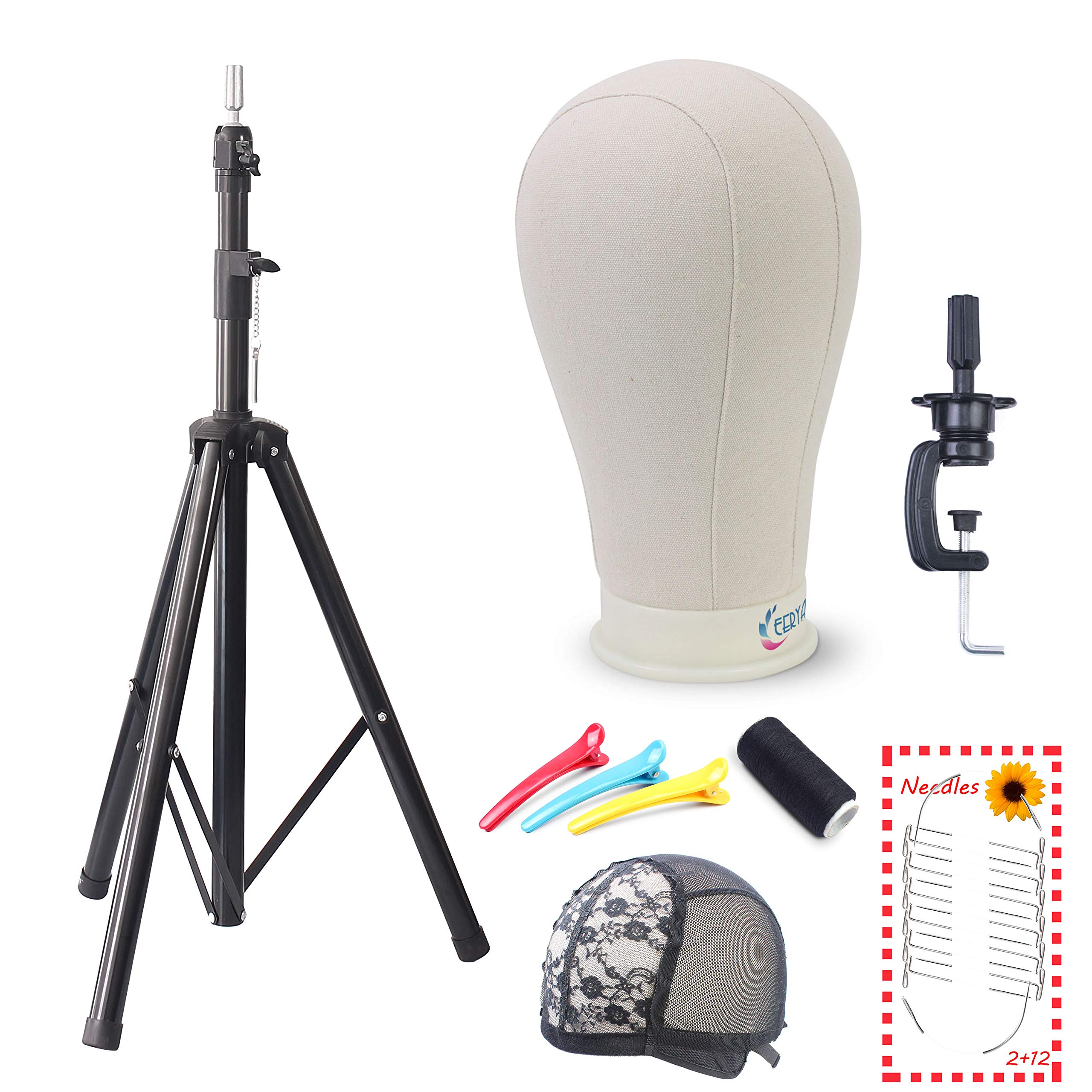 EERYA22.5 Inch Wig Head Canvas Block Head with Tripod Stand Set Wig Head Stand for Making Wigs Display Styling Mannequin Head with Wig Stand Manikin Head Wig Stand