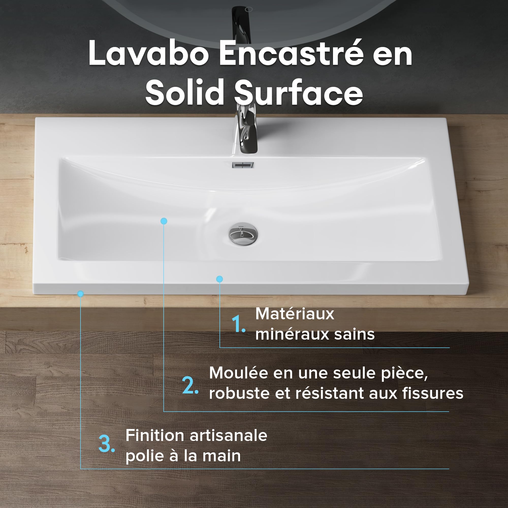 doporro Lavabo Vasque Blanc 100cm à Encastrer Colossum01 Fonte Minérale Solid Surface 100x48x13cm