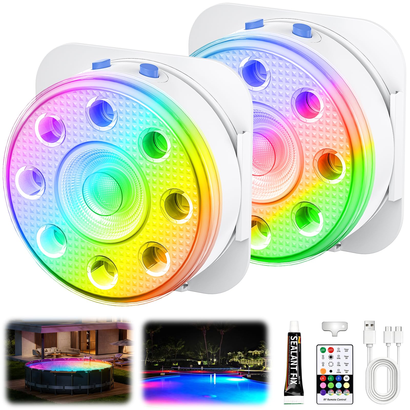 Eyoushow Lumiere Piscine avec Télécommande, 2 Lampes LED RGB Submersibles Rechargeables, Éclairage Magnétique Flottant pour Piscine, Étanches IP68, Lampe Piscine pour Baignoire Étang Fête - 2