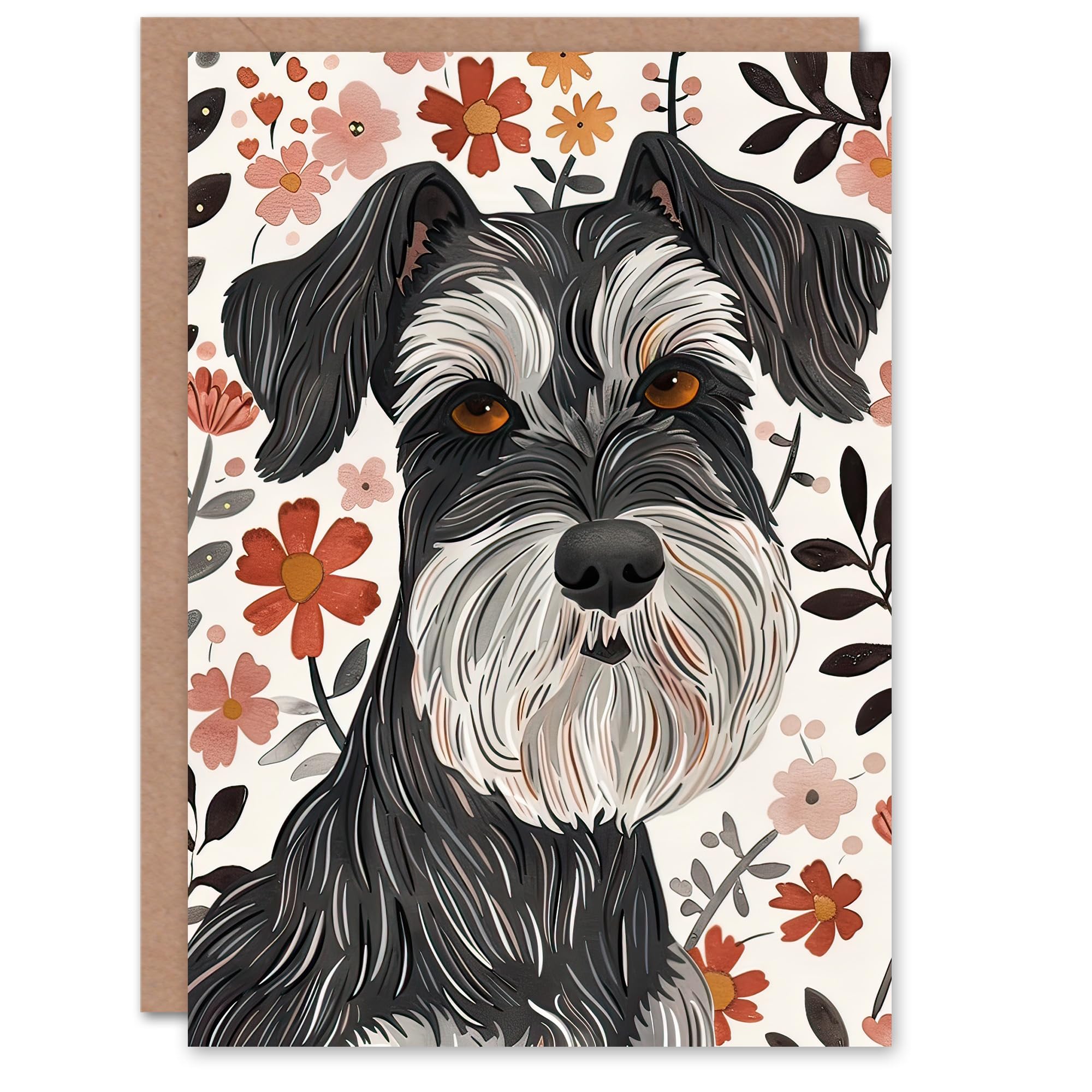 Artery8 Dark Grey Greeting Card Miniature Schnauzer With Daisies Watercolour Birthday