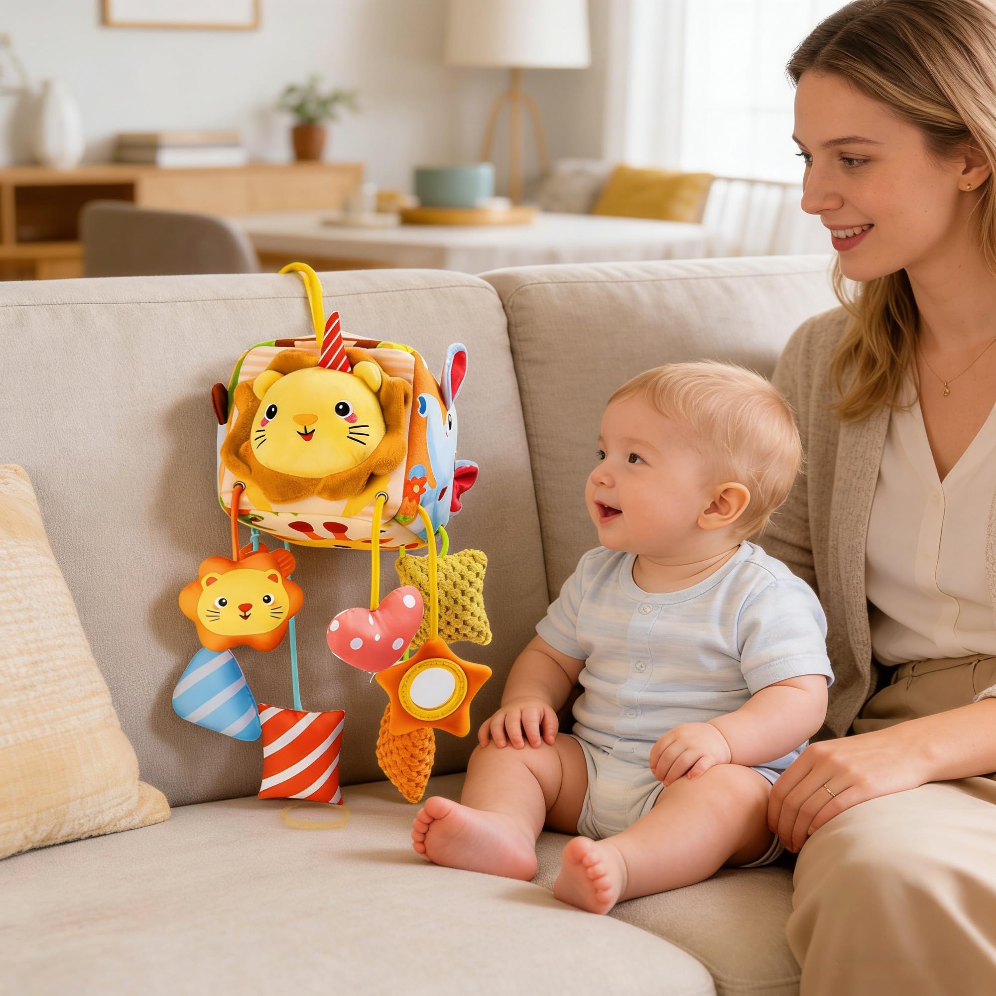 Jouet pour siège Auto pour bébé avec Miroir et 3 Jouets Suspendus, siège arrière pour bébé, en Peluche pour Poussette, Jouet d'éveil pour de 0 à 12 Mois, pour Poussette (Jaune)